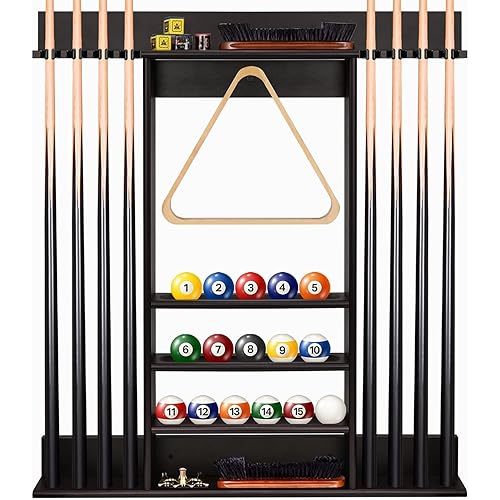 Pool Cue Rack, Bamboo Wall Mount Pool Sticks Holder, Holds 8 Cues and Full Set of Balls, Pool Table Accessories Organizer for Billiard Room or Club - Dark Brown