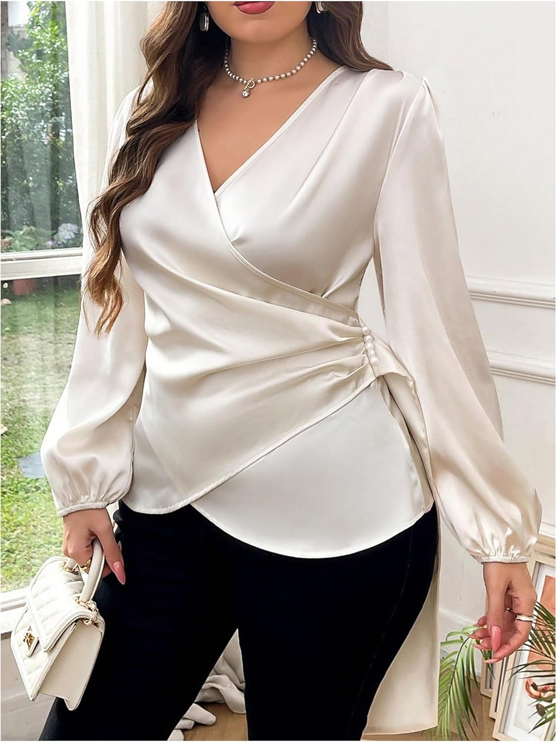 Floerns Women's Plus Size Satin Asymmetrical Wrap Tops Ruched V Neck Long Sleeve Blouses - Image 2
