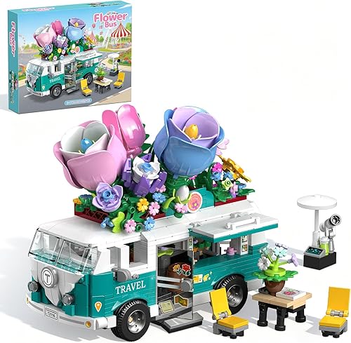 Juego de bloques de construcción de coche de flores, juego de construcción de cámper ciudad, colección botánica, flores, vehículos, bloques,