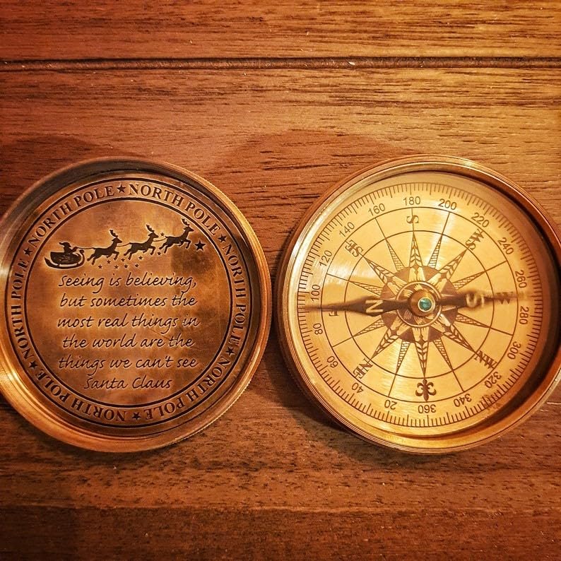 SX Nautical Instruments Christmas Brass Compass Gift Unique Design Engraved Santa Claus with Leather Case (Size:-3 inch)