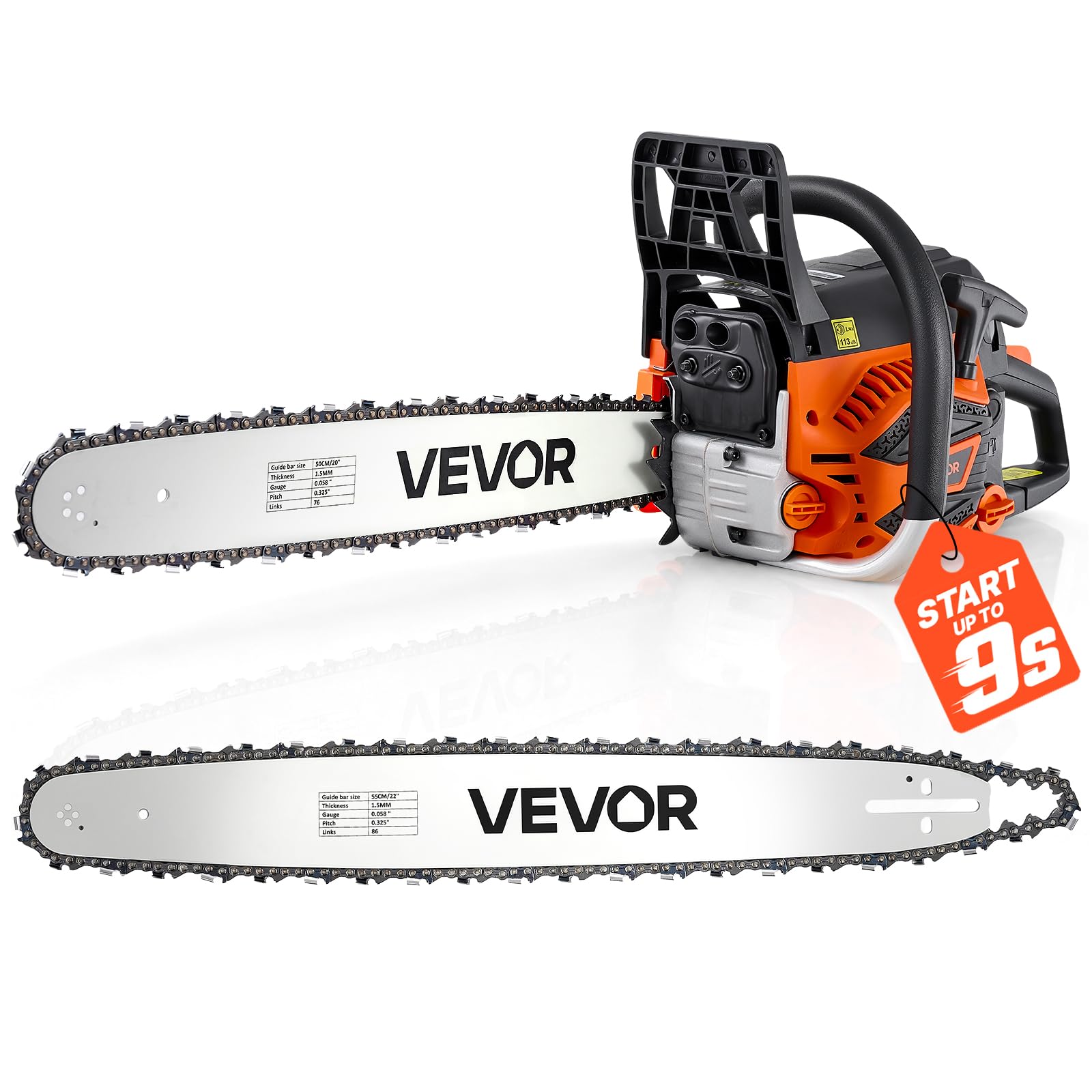 VEVOR Gas Chainsaw 62CC 3.8HP 20 &amp; 22 Inch 2-Cycle Gas Powered Chainsaw