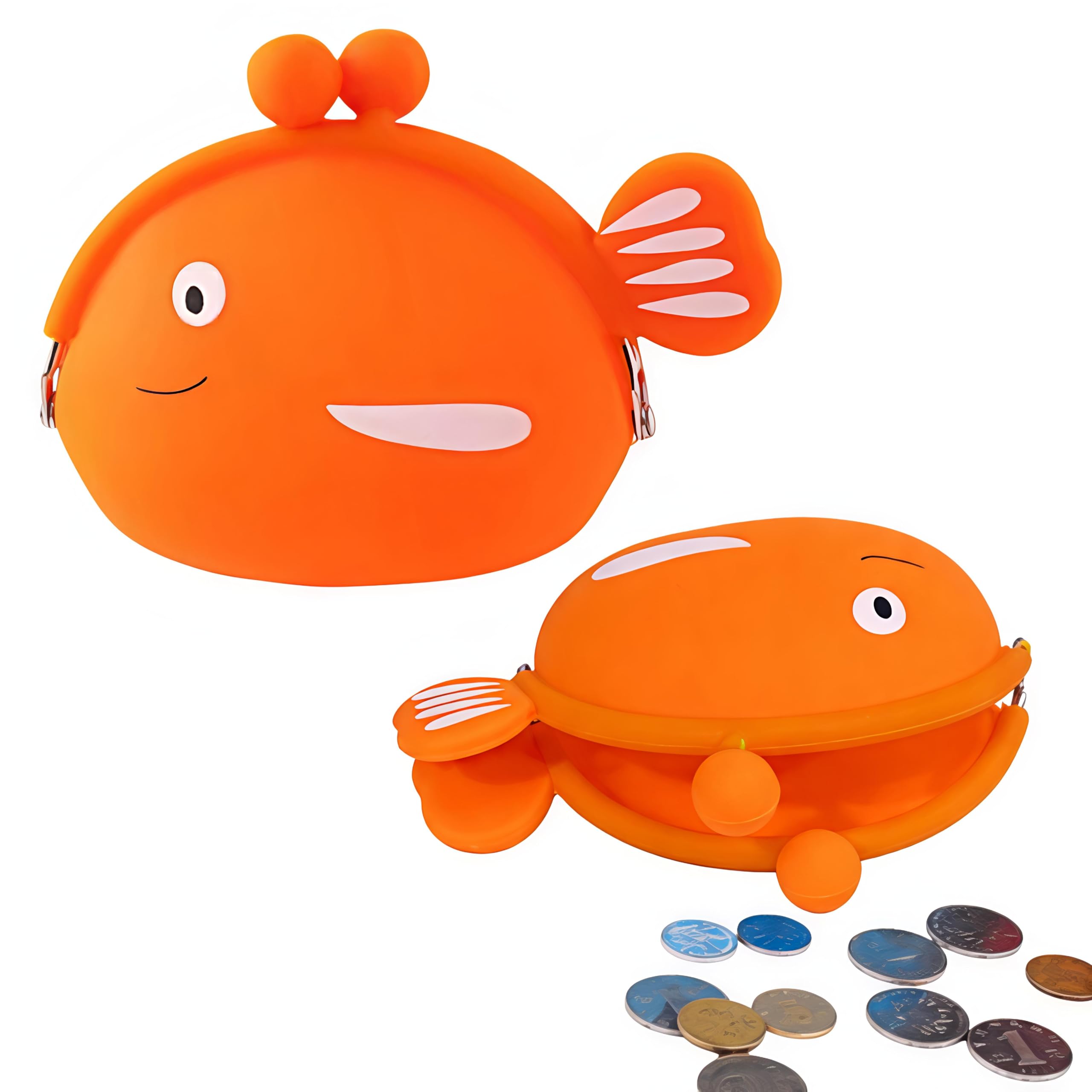 cute fish shape silicone coin purse for kids & adults – mini pouch for coins, earphones, keys & small essentials, aesthetic pouches for girls & women - 12 x 9.5 x 3 cm (orange)