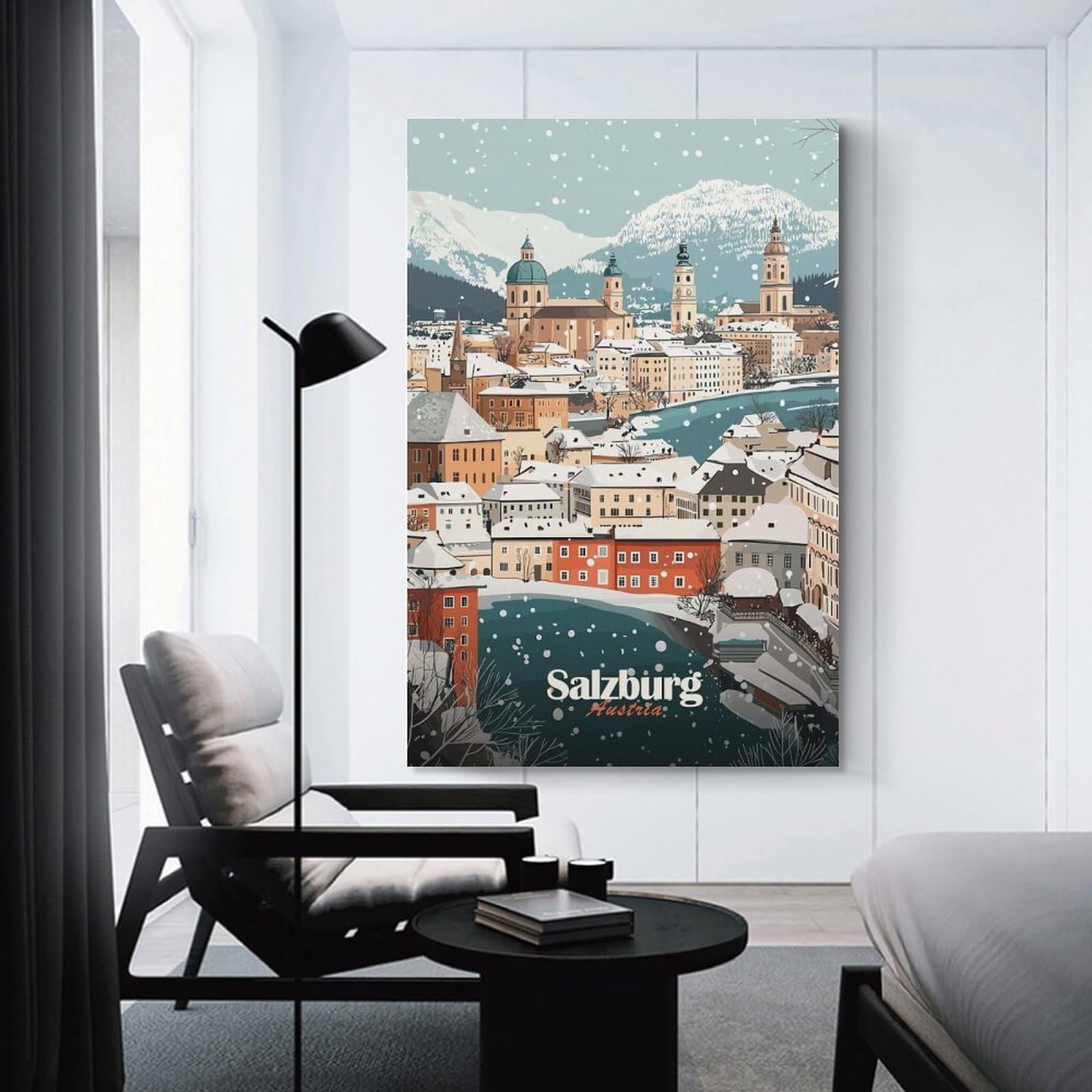 Junmoney Canvas Wall Decor Salzburg Winter Cityscape, 20x30inch(50x75cm), for Living Room, Bedroom Or Apartment Walls, A Home Accent with Warm Character