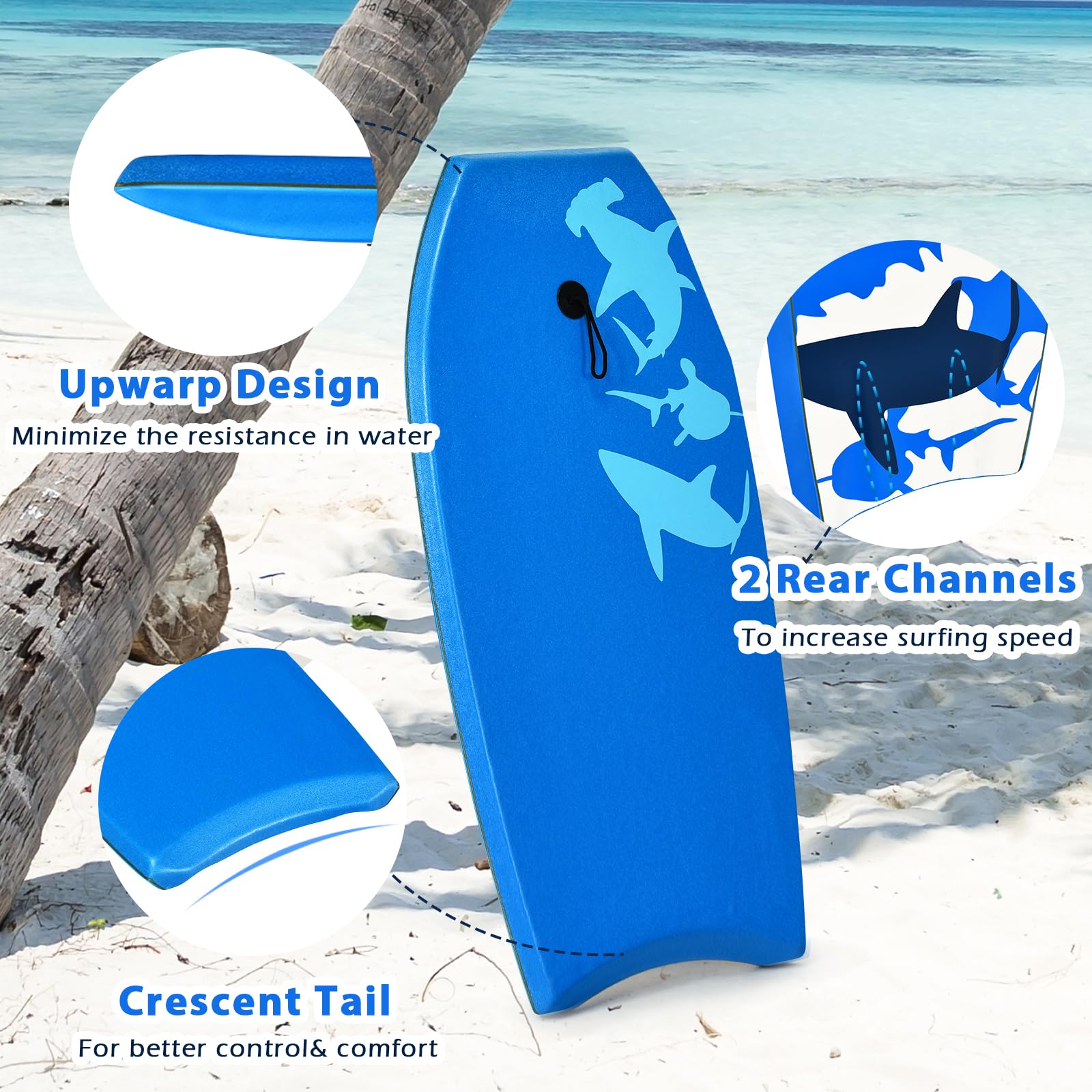 HOMASIS Planche de Surf antidérapante en XPE et polyéthylène Haute densité avec imprimé Requin - Planche de Surf Portable pour Enfants et Adultes