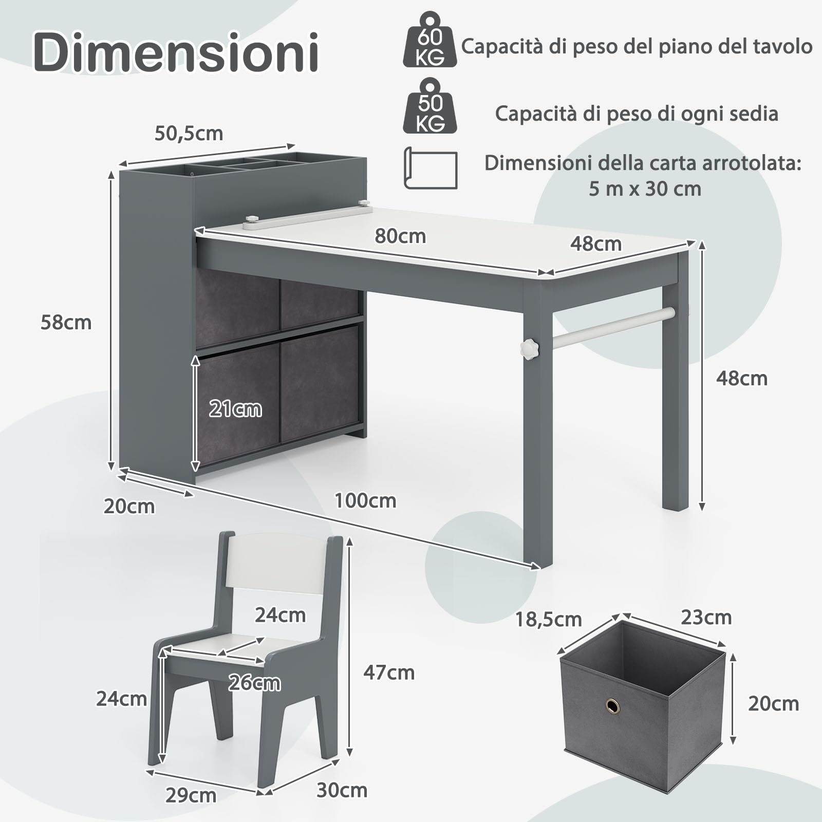 RELAX4LIFE 3 in 1 Set Tavolo e 2 Sedie per Bambini in Legno, con Rotolo di Carta, Mensole e 4 Cassetti in Tessuto, Mobile Montessori per Cameretta per Disegno e Cameretta, 100 x 50,5 x 58 cm (Grigio)
