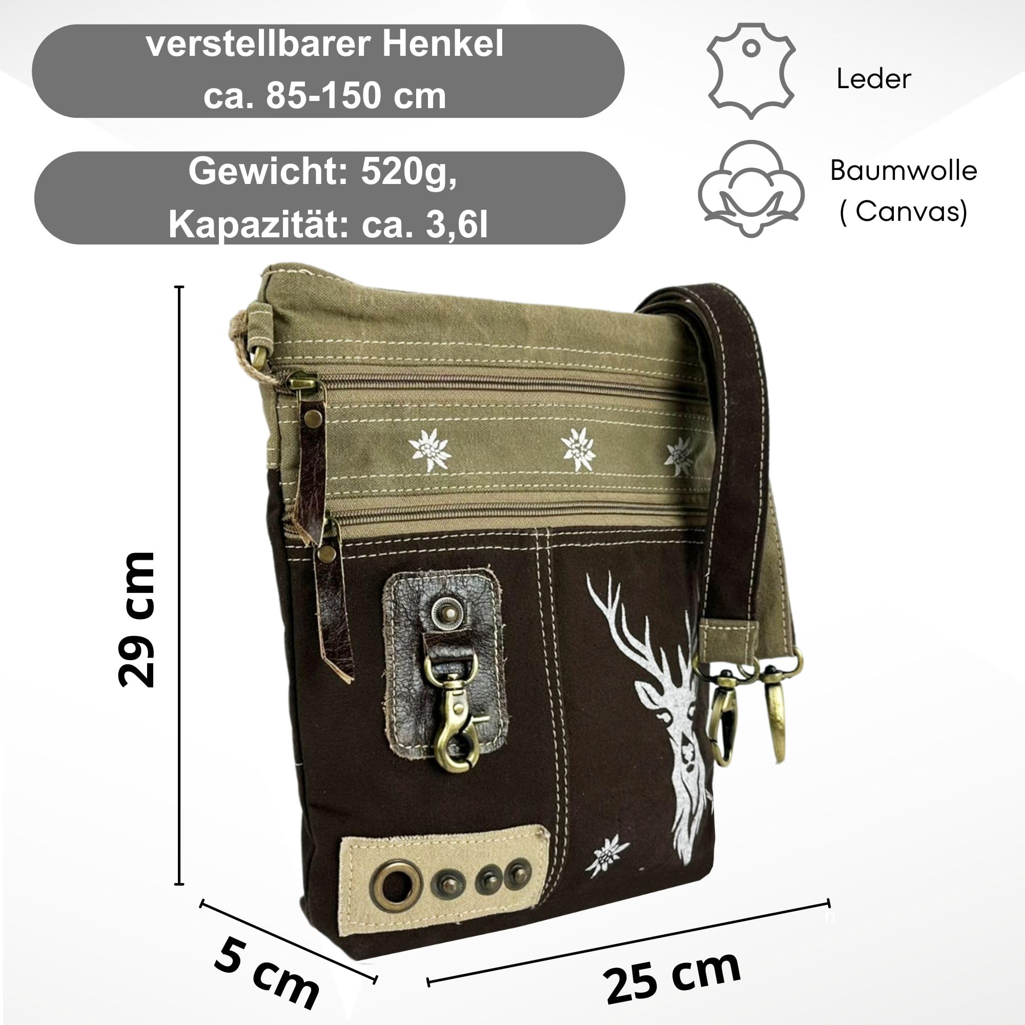 Domelo Dirndl Bolso bandolera Oktoberfest para mujer, accesorios pequeños, con ciervo, pequeños regalos para adolescentes, niñas, crossbody Bag vintage, retro, de lona y piel, marrón, 25x 29x5 cm