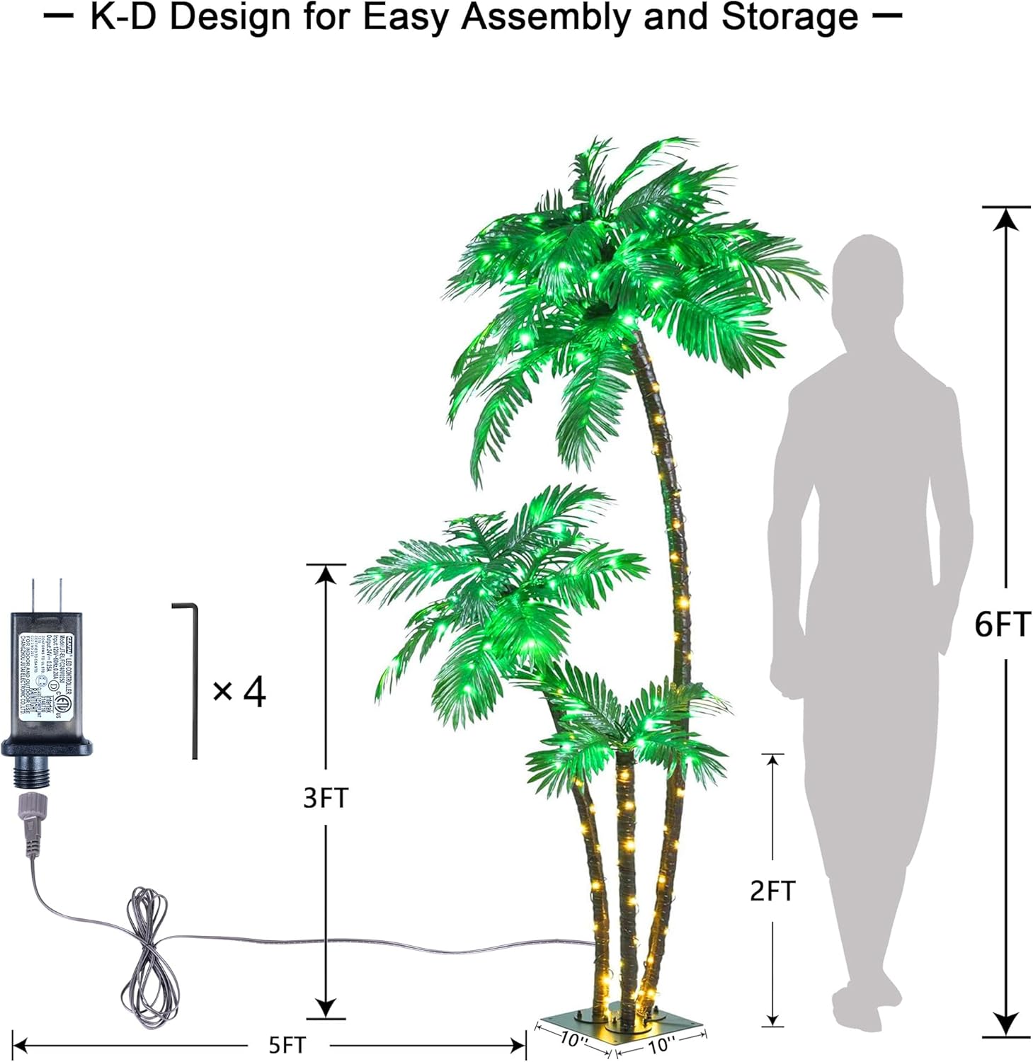 LIGHTSHARE Lighted 6FT Gorgeous Palm Tree 3Trunks Artificial Palm Tree 203LED Lights for Office Decoration Outdoor and Indoors Tiki Bar Christmas Patio Pool- Electric