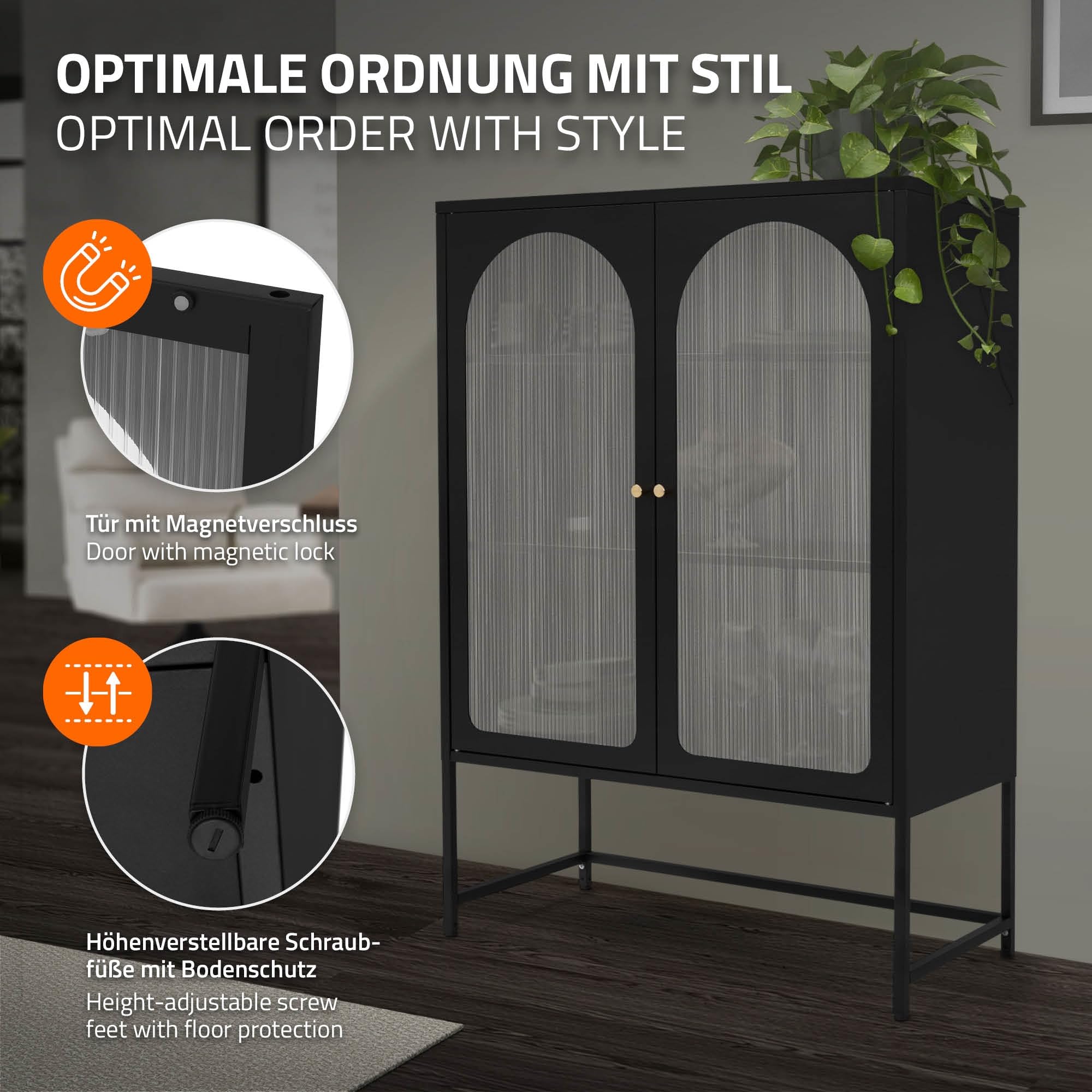 ML-Design Vetrina 85x120x40 cm Nera – Armadio con 3 Ripiani e 2 Ante con Chiusura Magnetica – Mobile in Acciaio Stile Industriale per Soggiorno Libreria Archivio Ufficio