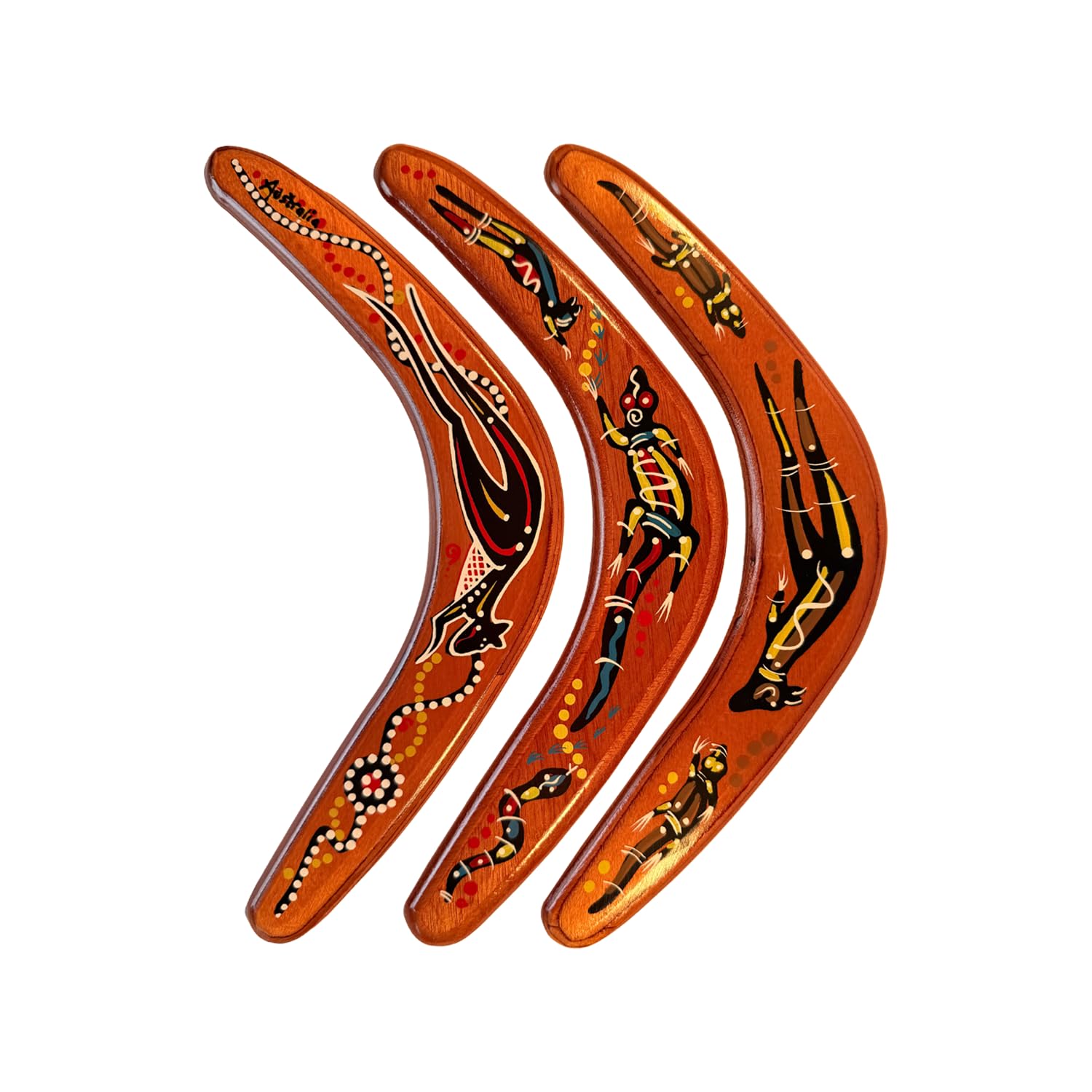 Boomerang Native Art 29 cm Wooden Boomerang 3-Pack – Australian Made Handcrafted Timber Boomerangs – 3 Unique Designs – Outdoor Throwing Toys and Display Set – Includes Throwing Instructions