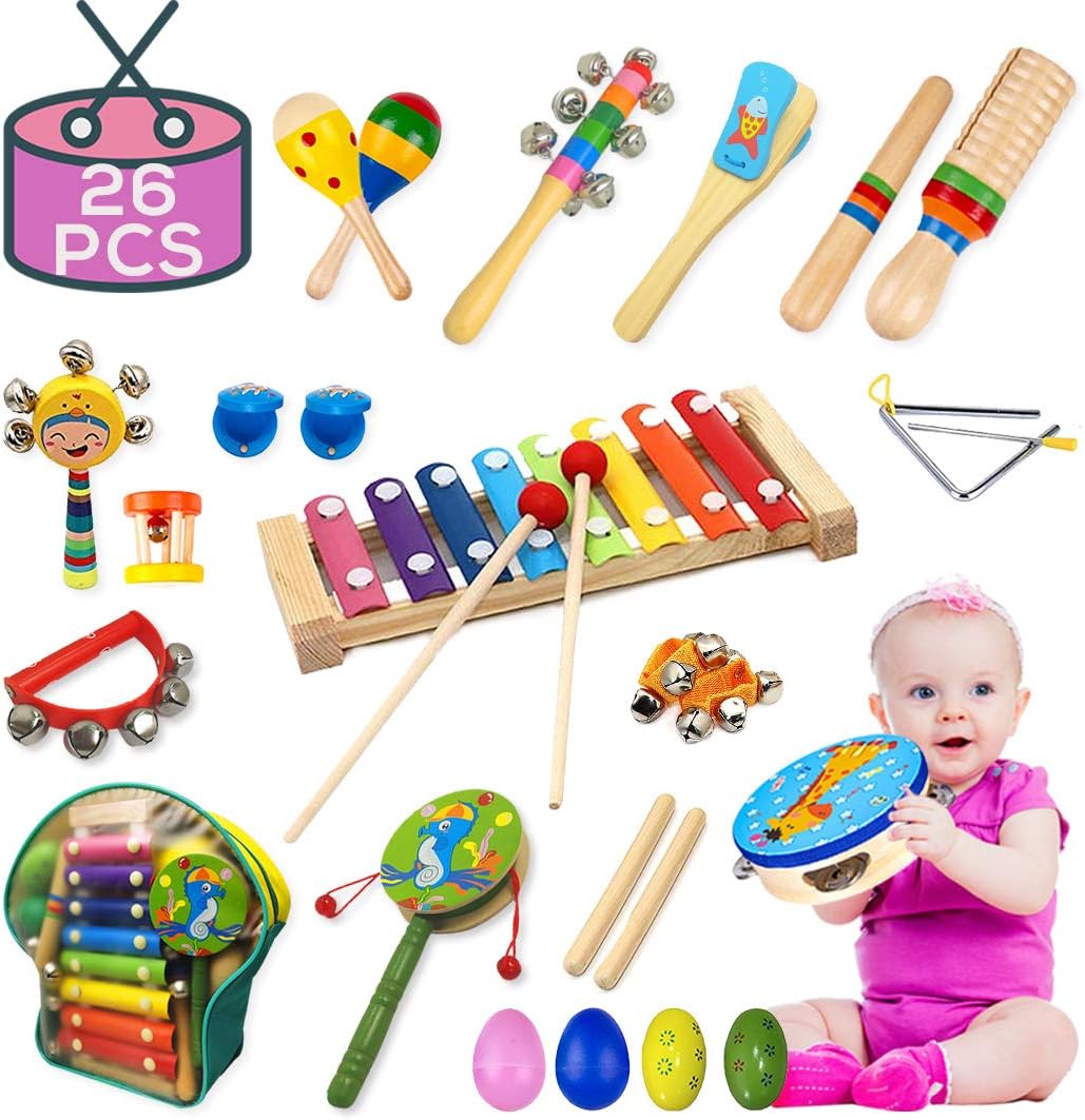 Buself Toddler Musical Instruments 15 Types 25pcs Wooden Percussion Instruments Toy for Kids Preschool Educational, Musical Toys Set for Boys and Girls with Storage Bag