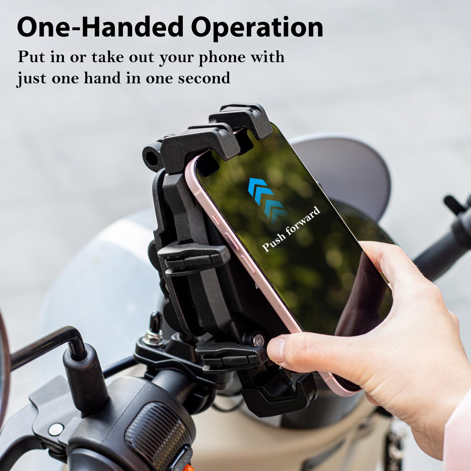 EMERK Soporte para teléfono de motocicleta con amortiguador de vibración, soporte antirrobo para teléfono de motocicleta, soporte para teléfono móvil ajustable para bicicleta, bicicleta, carretera