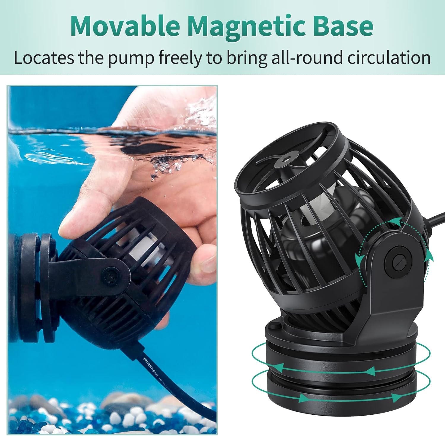 A hand demonstrating the movable magnetic base of the wave maker, showing how it attaches to the aquarium glass and its rotatable head for multi-directional flow.