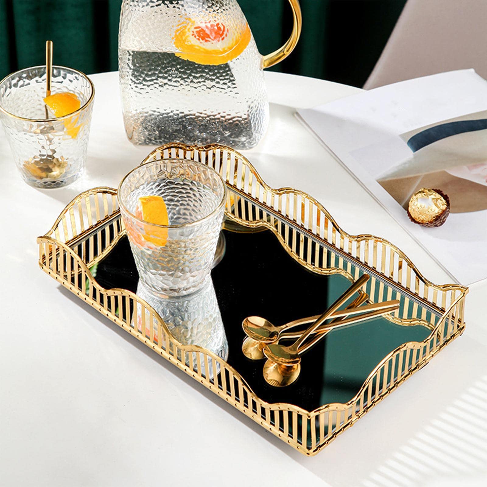 Bandeja de espejo de estilo vintage para mesa de café, botella de perfume cosmética, media 31 x 19 x 6 cm