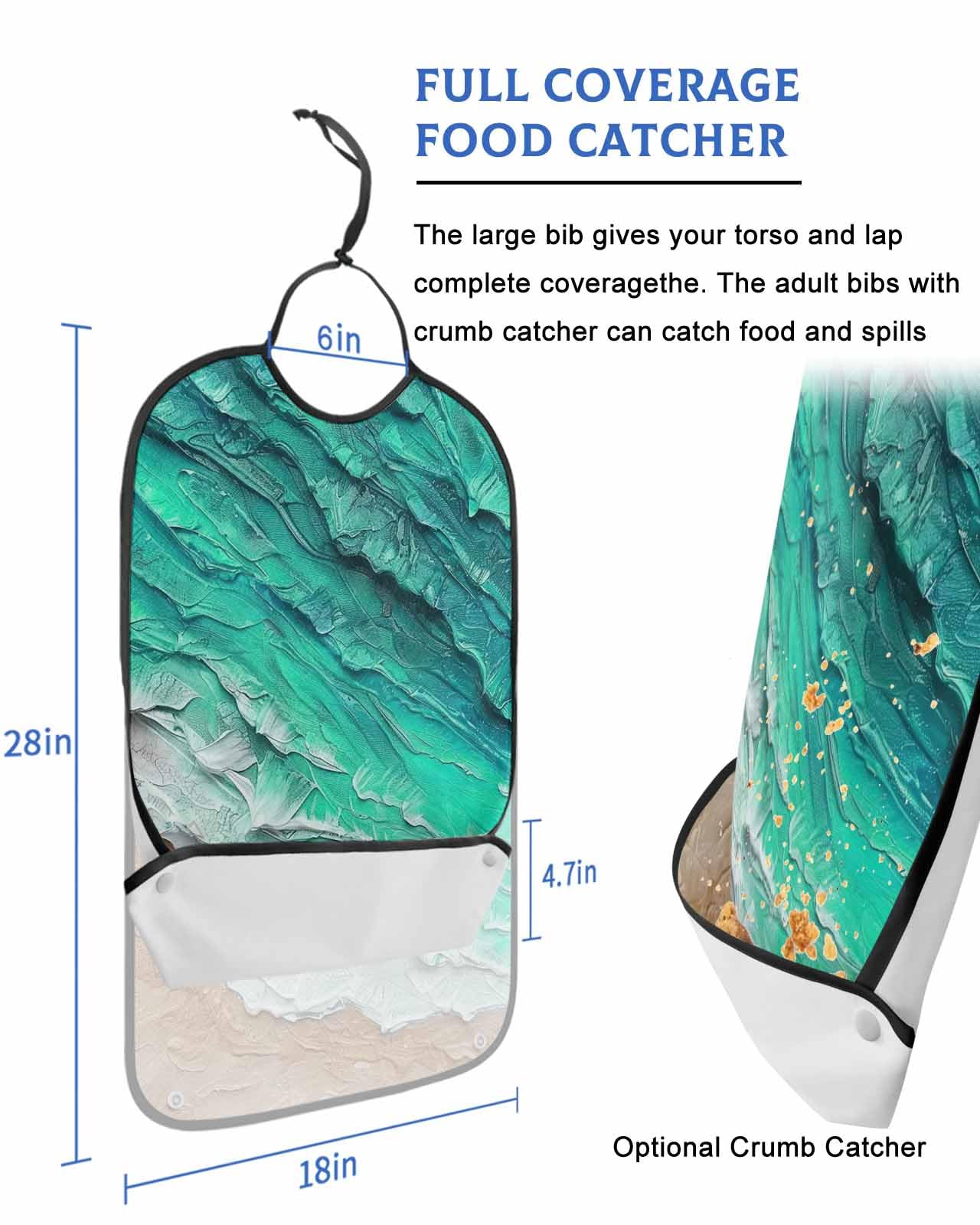 LEOKOTI Turquoise Coastal Beach Adult Bibs for Eating, Waterproof Bibs with Food Catcher & Adjustable Snap Closure, Summer Nautical Oil Painting Washable Clothing Protectors Adult Bibs for Elderly