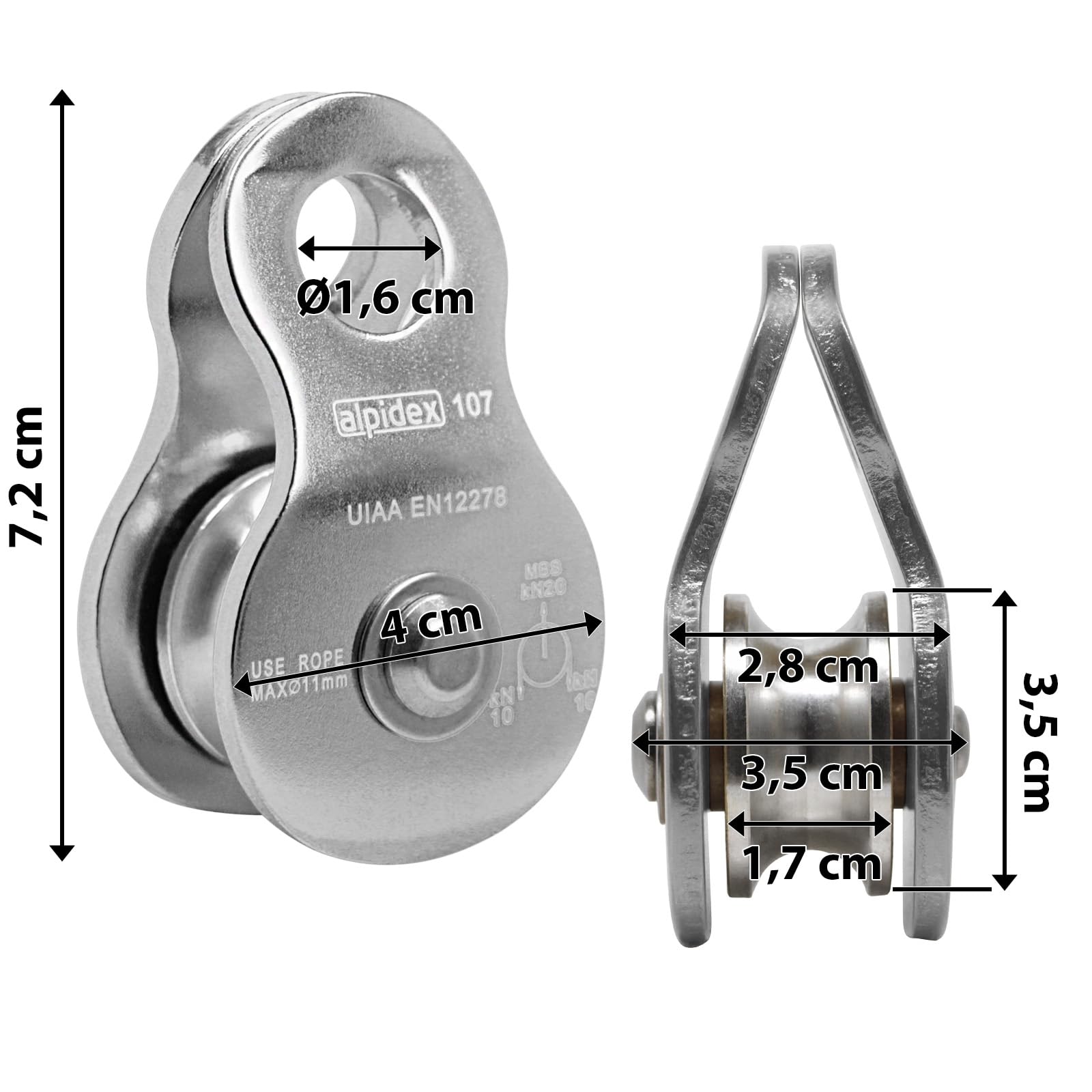 ALPIDEX Poulie de Renvoi 20 KN | Poulie de Mouflage | Mobile Pulley | Norme EN12278 | Câbles Jusqu'à 11 mm Diamètre | Palan Câble | Treuil Guide Câble | Oulies de Levage