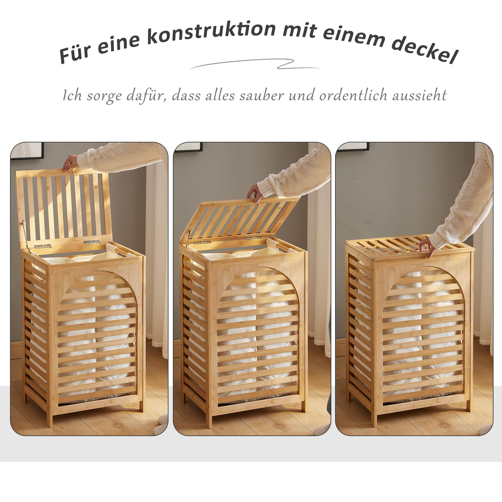Wäschekorb mit Deckel, Bambus, groß, wasserdicht, abnehmbare Wäschesäcke mit Griffen, Wäschekorb (Natur)