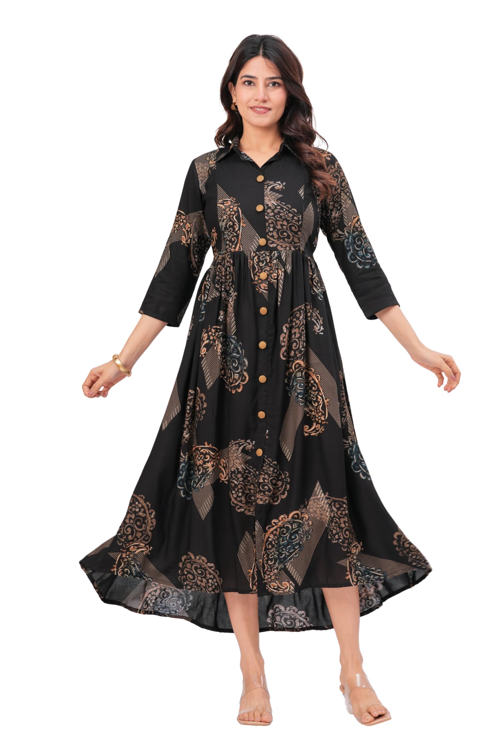 Women's Rayon Maternity Feeding Dress, Printed Nursing Anarkali Gown with Collar, 3/4 Sleeve, Ankle Length-image-28