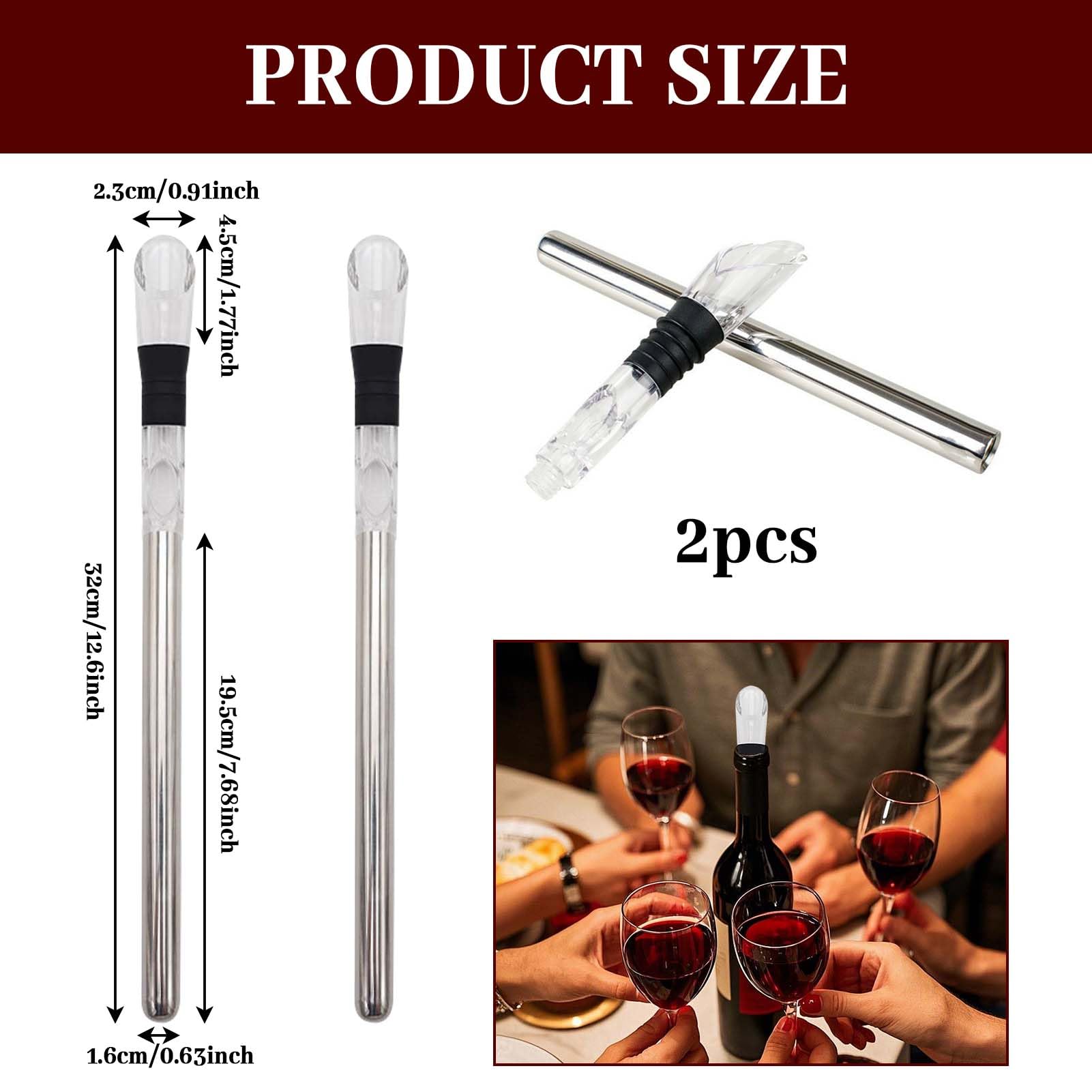 2Pcs Wine Cooler Sticks, 3-in-1 Stainless Steel Wine Chiller Stick with Aerator Drip-Free Pourer - Image 2