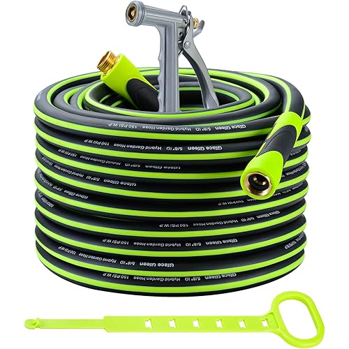 Grace Green Garden Hose,Hybrid 5/8 in.×100FT Water Hose With Zinc Alloy Nozzle, Both End Swivel, Heavy Duty, Light Weight, Flexible