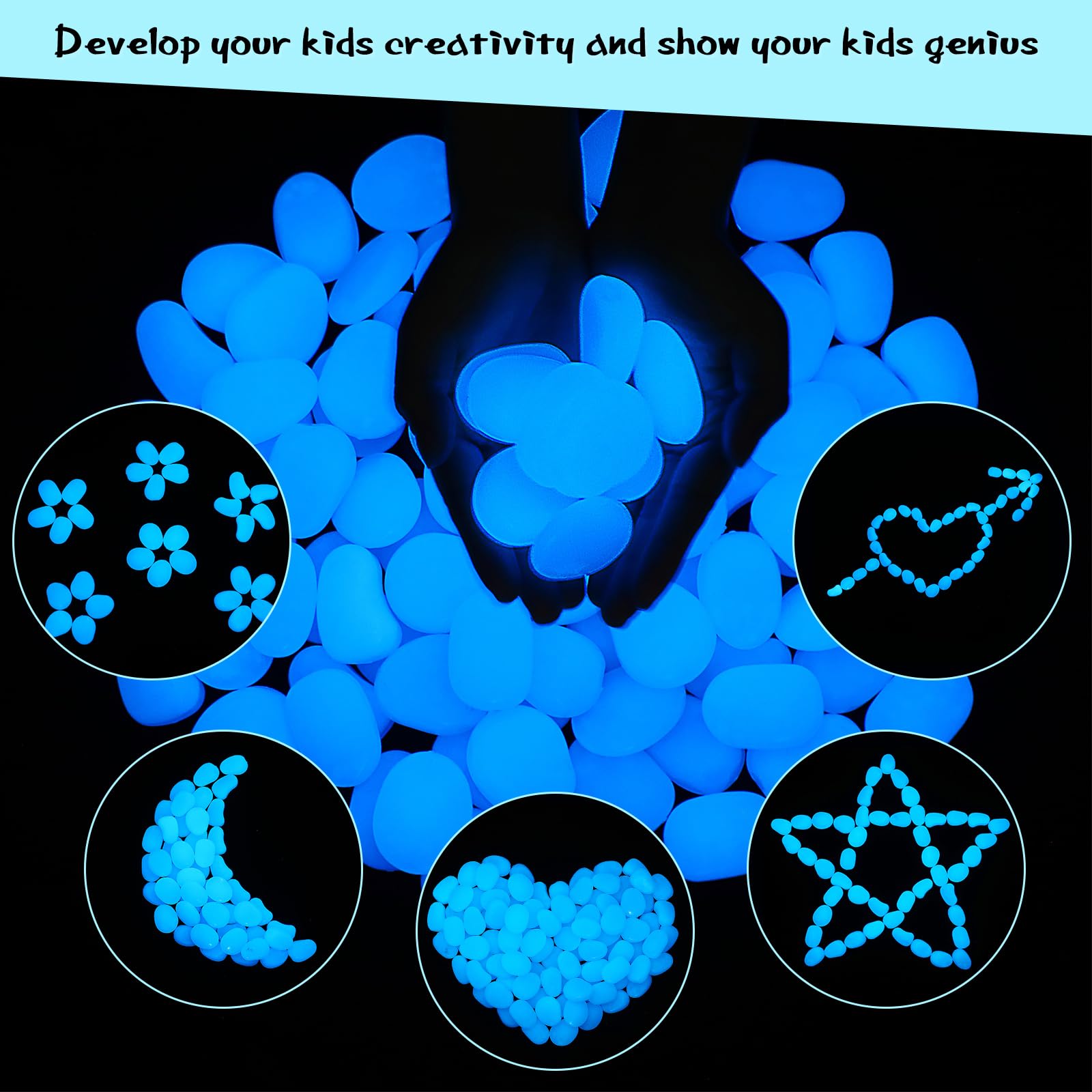 Landical 100 piedras que brillan en la oscuridad que brillan en la oscuridad, piedras grandes de 1.8 pulgadas, piedras luminosas para acuario, grava, decoración de plantas suculentas, 1600 g (azul