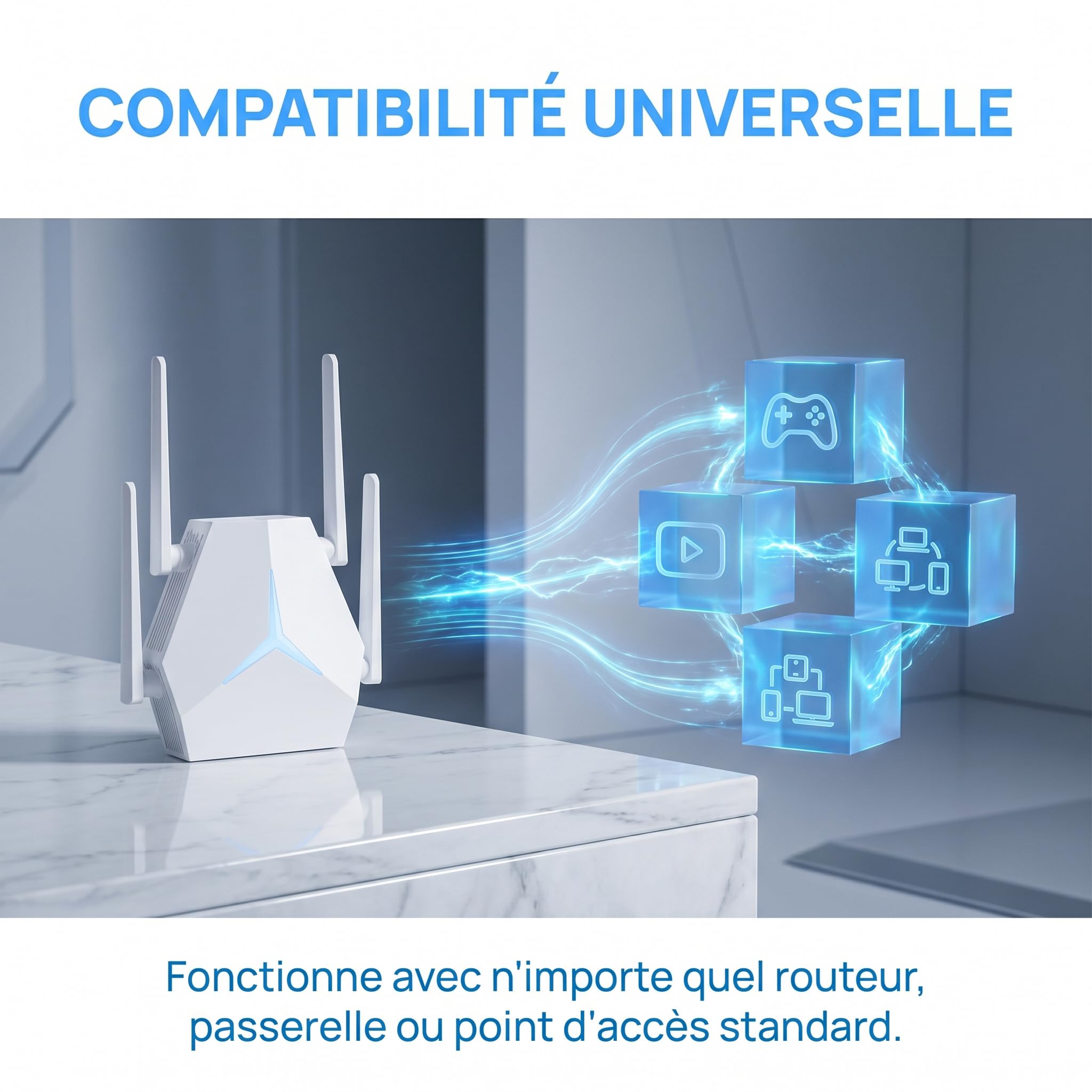 repetiteur wifi puissant, Dual Band 1200Mbps AC1200, 1115㎡ Range, Supports 100+ Devices, 4-Antenna WiFi Repeater with Ethernet Port
