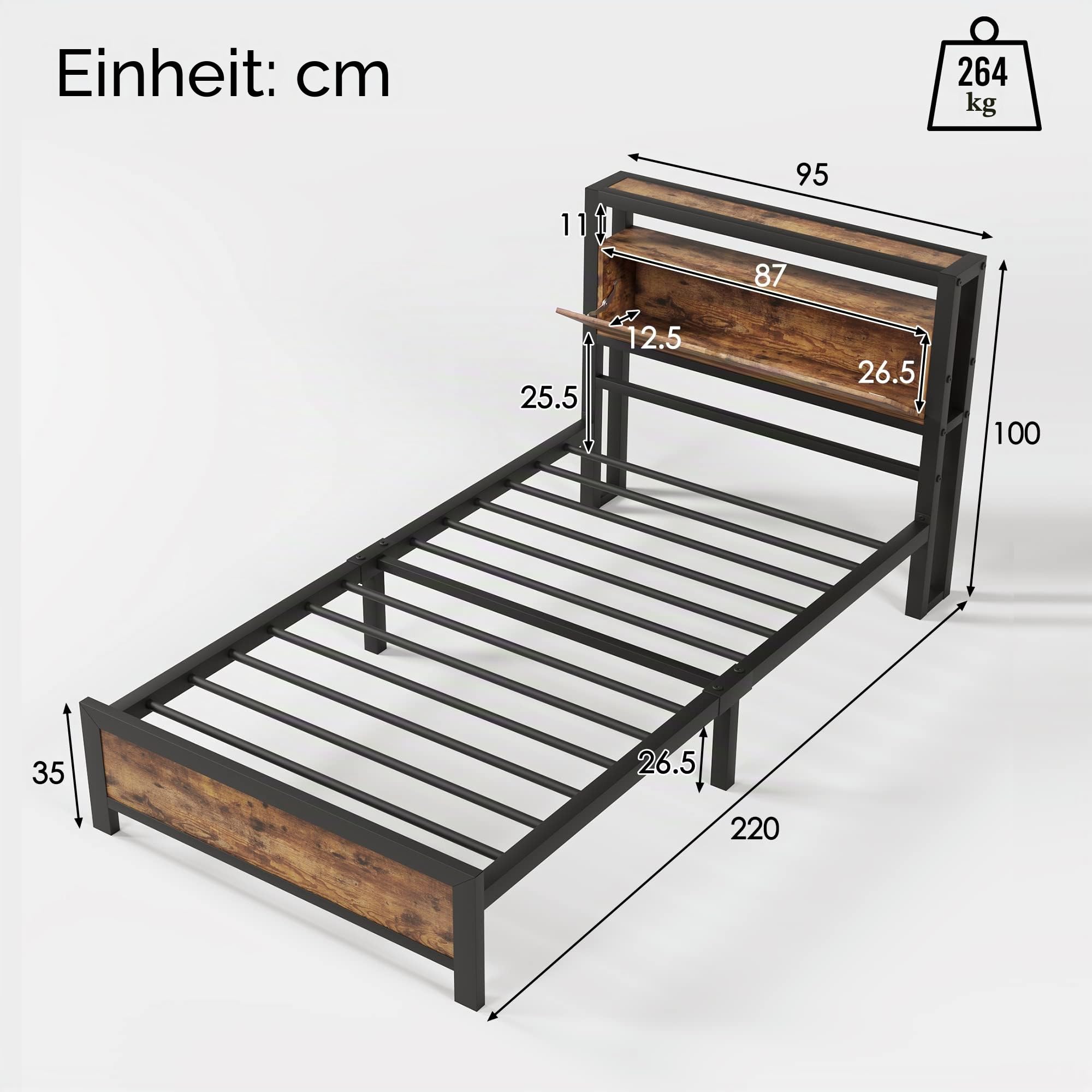 Merax Metallbett Bettgestell mit Holz Stauraum-Kopfteil und Metall Lattenrost, Einzelbett 90 x 200 cm für Schlafzimmer, Jugendbetten für Erwachsene, Kinder, Jugendliche, Schwarz Industrielles Bett