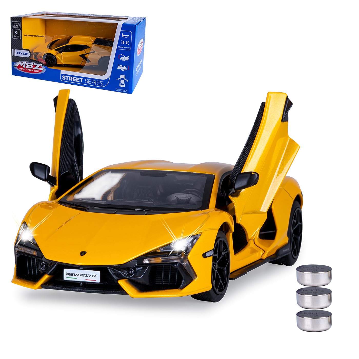 JAMARA 402617 Lamborghini Revuelto Diecast 1:24 inkl. Knopfzellen - Modellauto Spielzeug, Kinder Car, Model Miniatur Fahrzeuge, Geschenkidee Kids, Türen Manuell öffnen/schließen