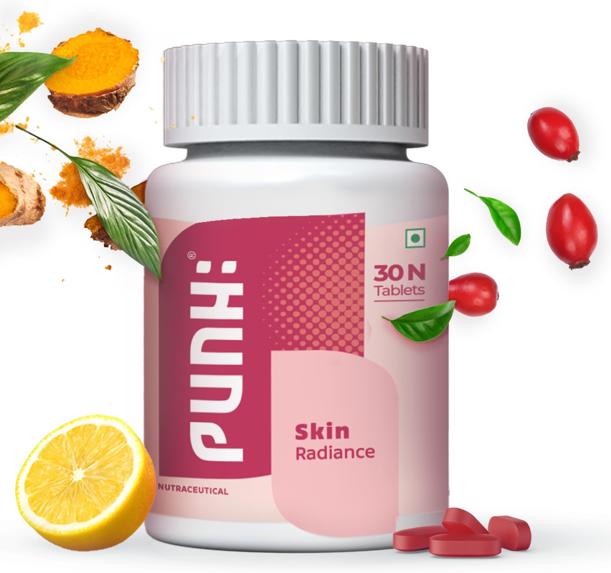 Punh Skin Radiance Reduced L Glutathione Tablets 500mg for Skin Glow & Brightening | Glutathione Tablets with Alpha Lipoic Acid, Curcumin, Rosehip Extract & Astaxanthin, 30 Veg Tablets (Pack Of 3)