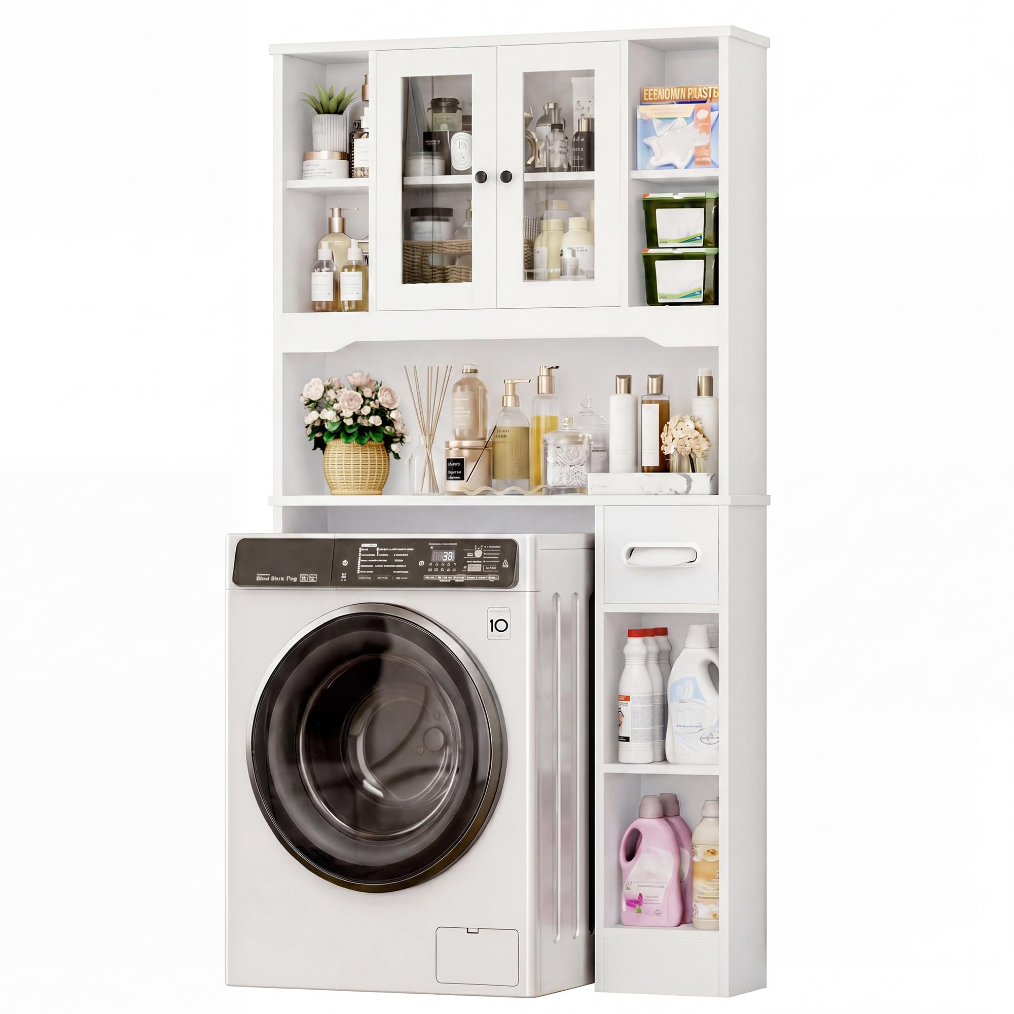 FOREHILL Mobile Lavatrice con 2 Ante, Mobile Sopra WC a 7 Scomparti Aperti e Porta Fazzoletti, Scaffale Sopra Lavatrice a Ripiani Regolabili, Mobiletto Asciugatrice, 89x20x173cm (Bianco)