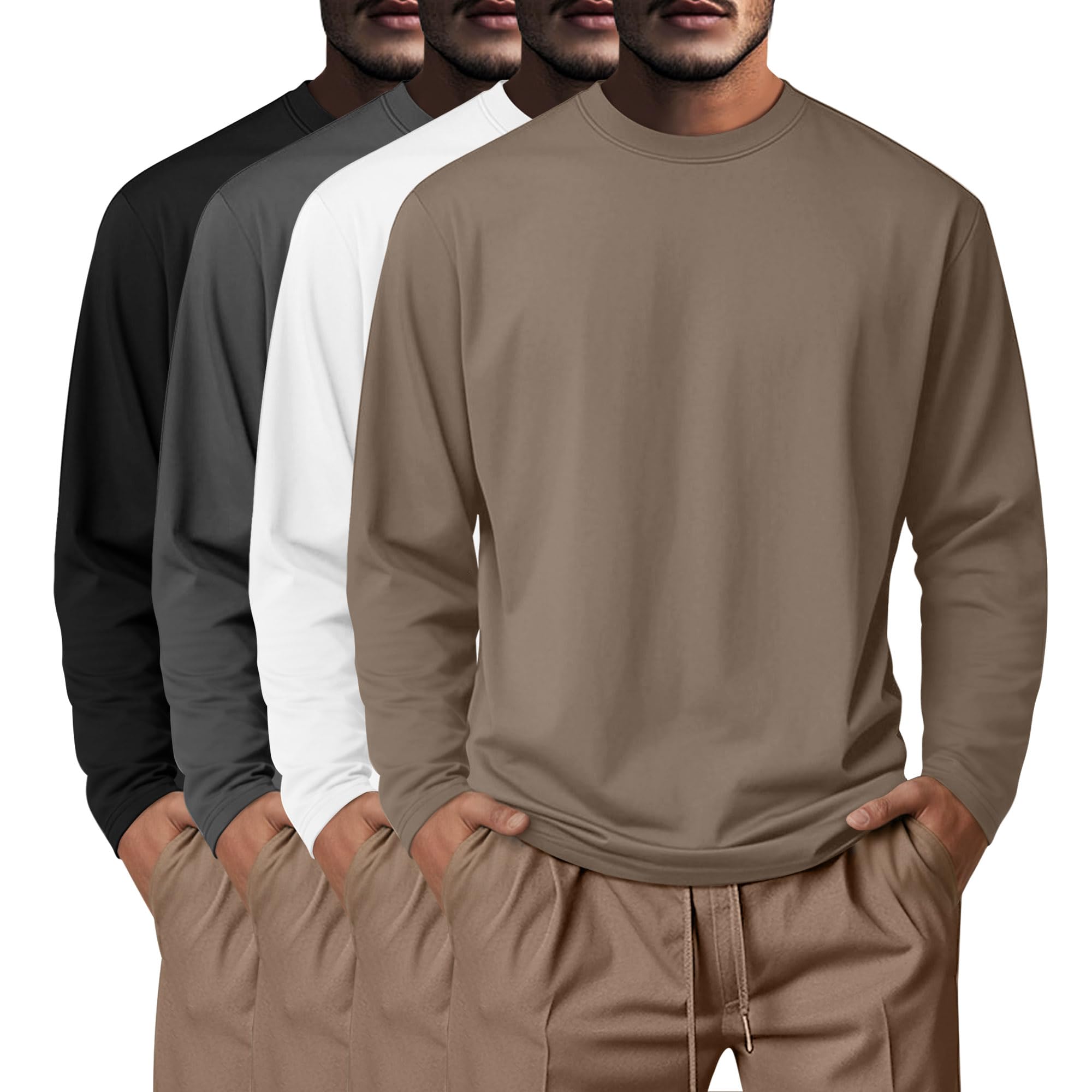 Neer Paquete de 4 Camisetas para Hombre, Tallas Grandes y Altas, 95% Algodón, Manga Larga, Cuello Redondo, Informales