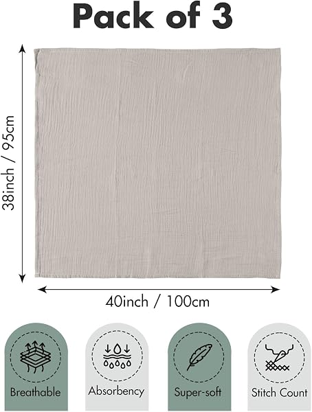 Soarwg Kids Muslin Cloth Baby Swaddle Cloths for Newborns, Pack of 3 Muslin Blanket, Large 95 x 100cm Baby Blanket - Baby Swaddle Blanket Burp Cloths, Swaddle Cloth Essential Items for Baby Shower - 2