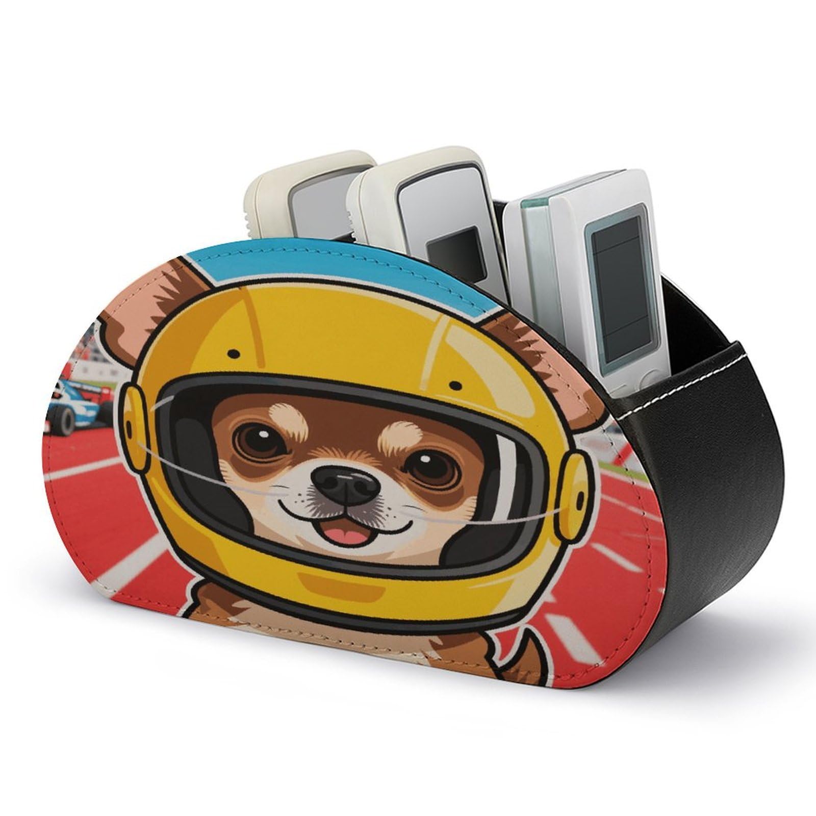 VstaDank Chihuahua on Track Remote Control Holder PU Leather Multi-Functional Office Organizar Box Makeup Brush Holder Desk Storage with 5 Compartment TV Remote Media Player Box