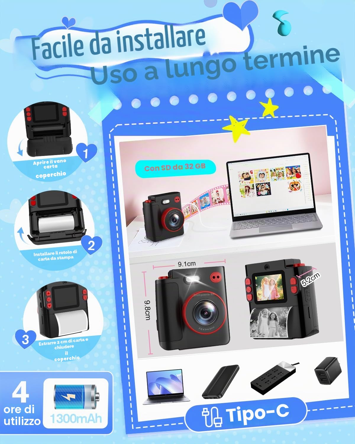 Macchina Fotografica Bambini Istantanea, 1080P HD Fotocamera Istantanea per Bambini con 32GB Scheda & Carta Fotografica, Giocattolo Regalo di Natale Compleanno Bambino e Bambina 3-12 Anni