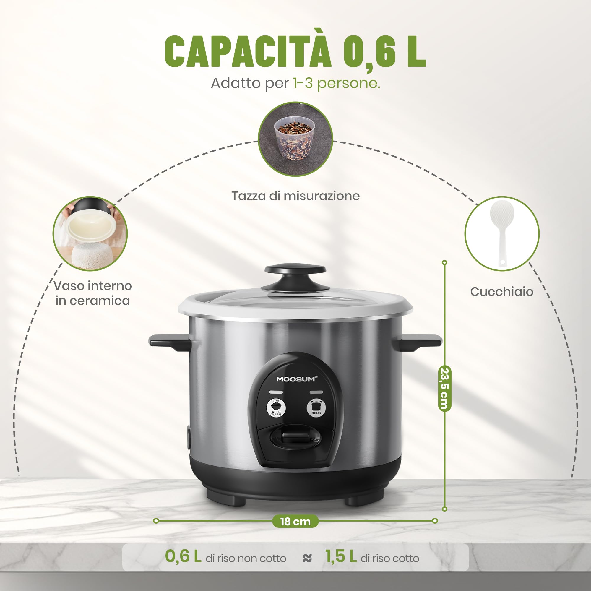 Cuociriso & Comando a un Pulsante, 0,6L per 1-3 Persone, Preparazione Veloce Senza Bruciature - con Funzione di Mantenimento in Caldo, Argento