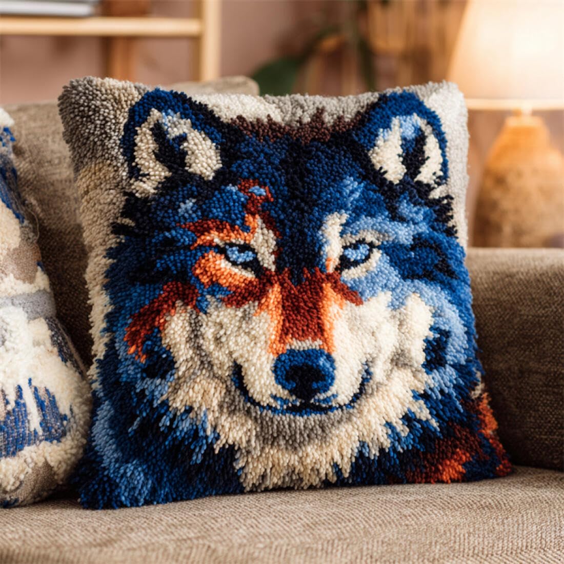 Kitquiver Animal Latch Hook Cushion Kits Anime Wolf Cushion Pillow Front Chunky Cross Stitch Kits DIY Embroidery Needlepoint Kit for Home Décor 17x17In