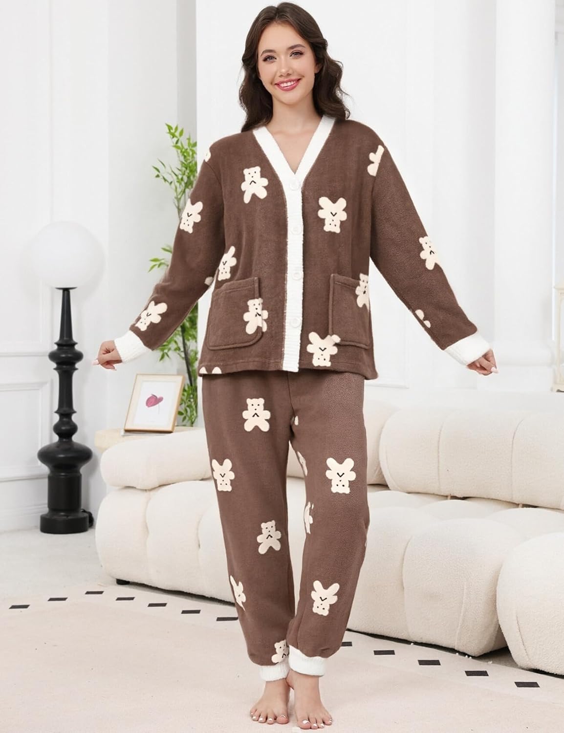 Gihuo Fleece Pajamas for Women Set Fuzzy Warm 2 Piece Winter Sleepwear Soft Cozy Pjs with Pockets - Image 2