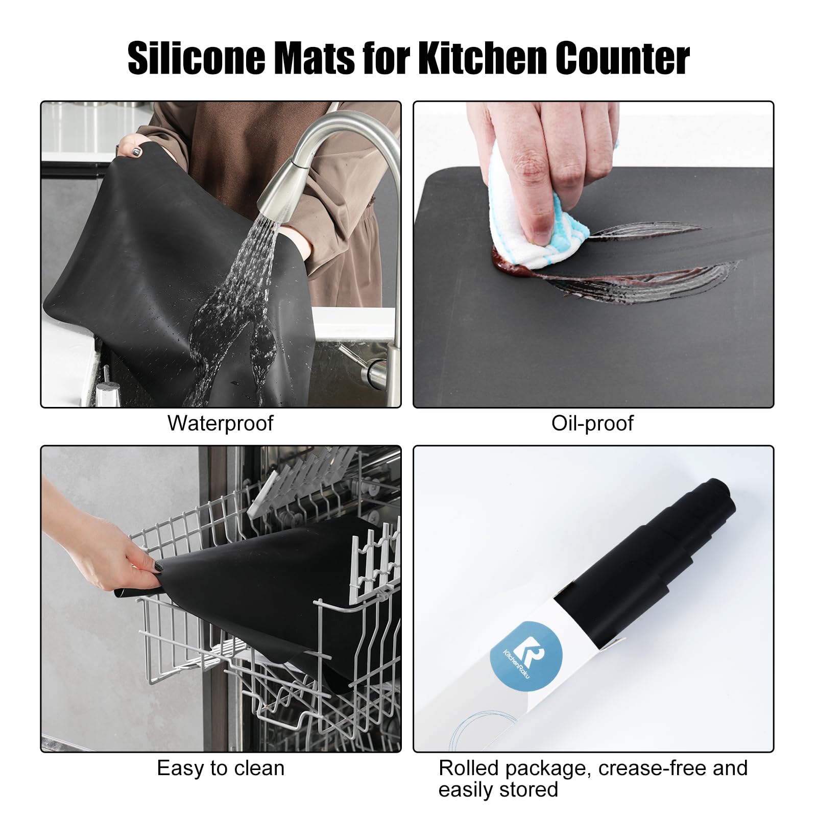 2 mm Spessore senza pieghe Tappetino Silicone 60 x 40 cm, antiscivolo, resistente al calore, grado alimentare, lavabile in lavatrice, protettivo (Nero)