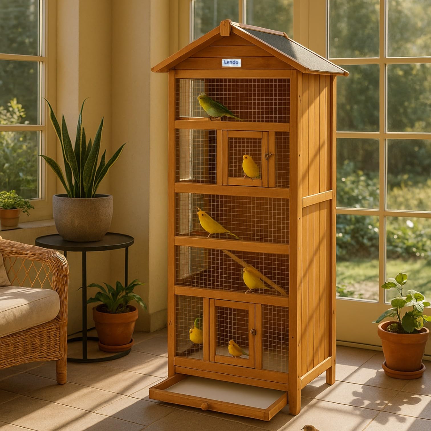 Voladera 70x57x165 cm de Abeto impregnada – Jaula para pájaros Interior/Exterior con comedero, Perchas y Bandeja – Resistente a la Intemperie (Marrón)
