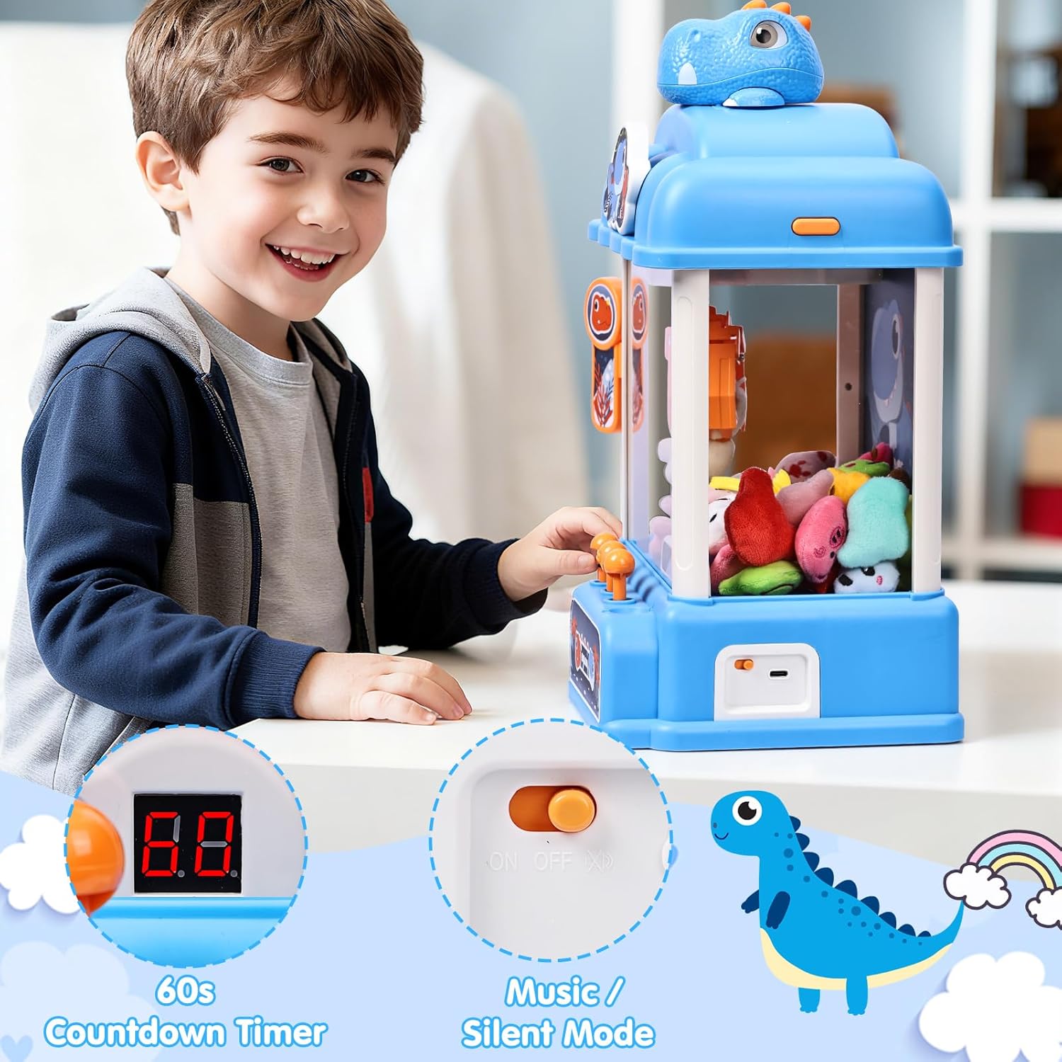 CWLAKON Claw Machine for Kids Boys Dinosaur Toys, Mini Vending Machine with Sound & 20 Mini Toys, Large Candy Grabber Prize Dispenser Electronic Arcade Games, Christmas Birthday Gifts for Boys, Blue - Image 2