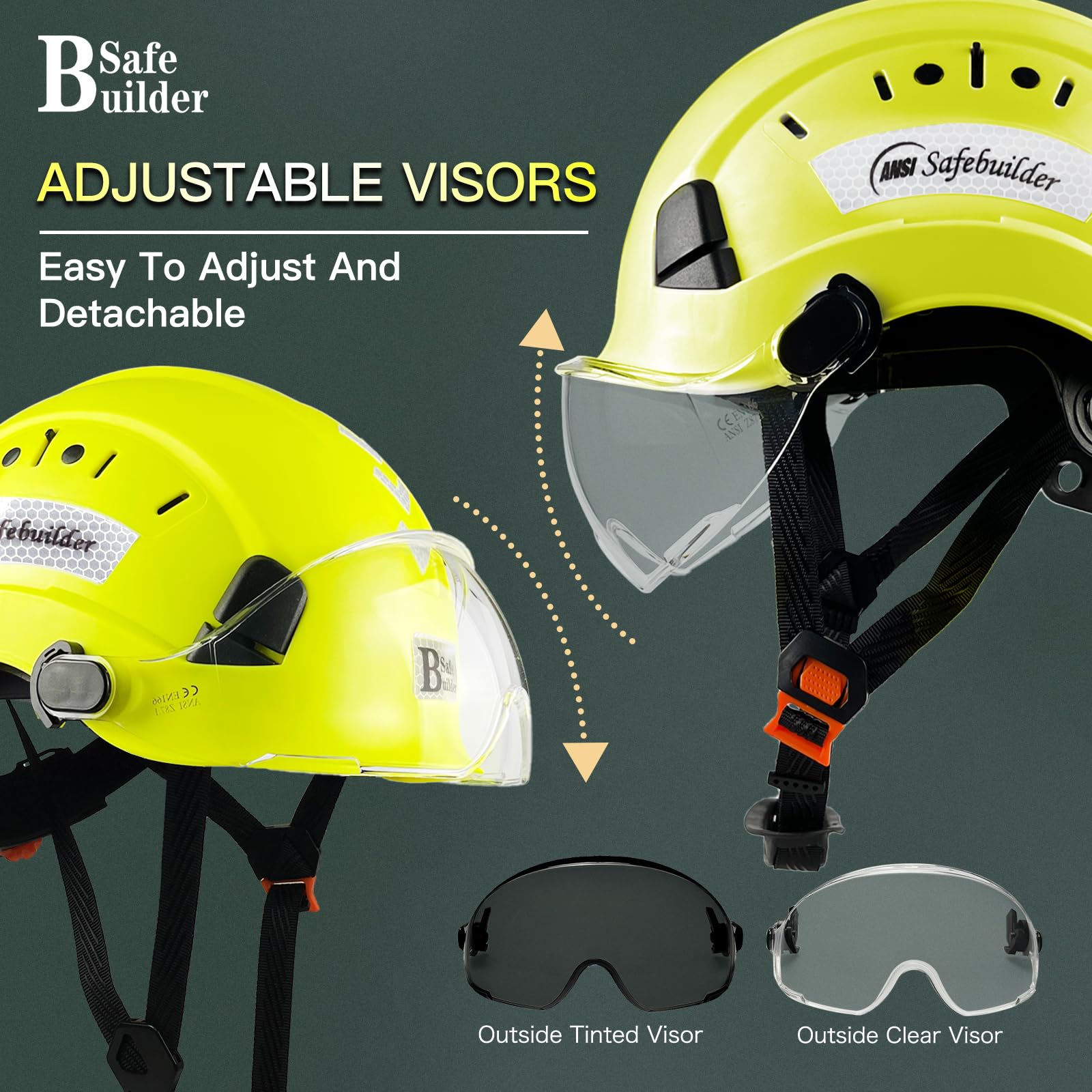 SAFEBUILDER Kask ochronny budowlany z wizjerem ABS twardy kapelusz regulowany kask wentylacyjny przemysłowa ochrona głowy roboczej dla mężczyzn certyfikat ANSI/ISEA Z89.1