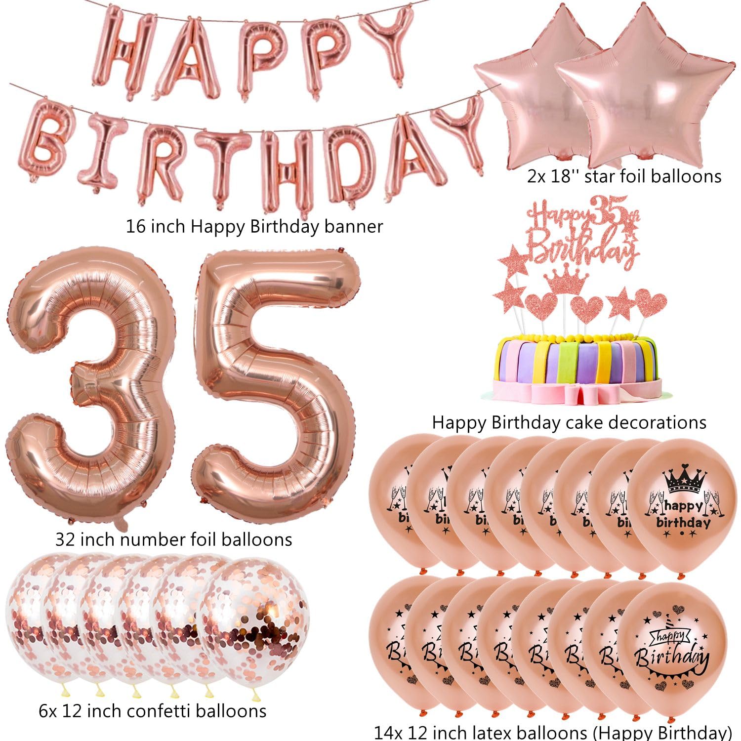 Set Decorazione Compleanno 35 Anni Oro Rosa – Palloncini, Ghirlanda E Nastro Per Festa Ragazza - 3