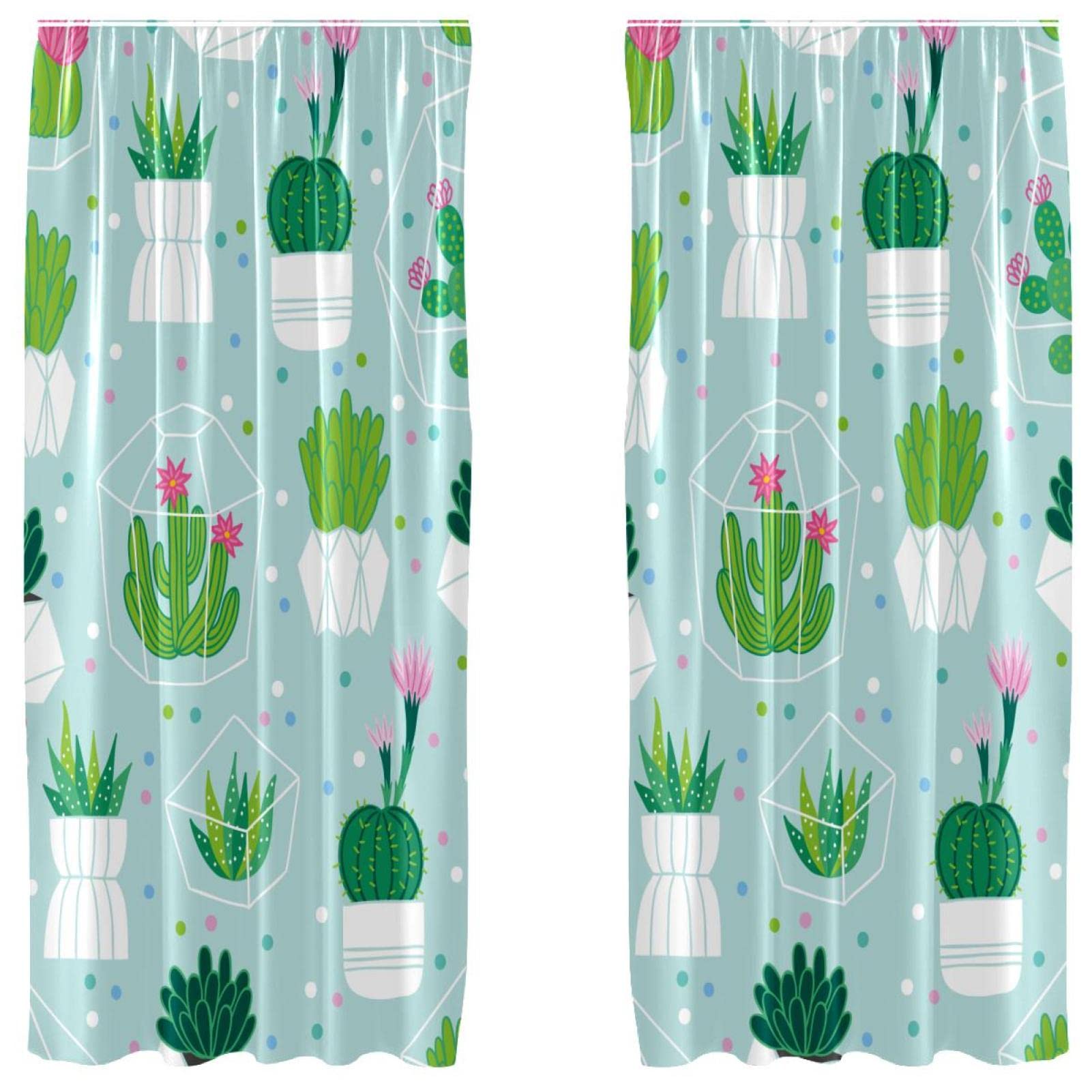 Rideaux de fenêtre légers cactus vert bleu 140x213cm pour salon lumineux