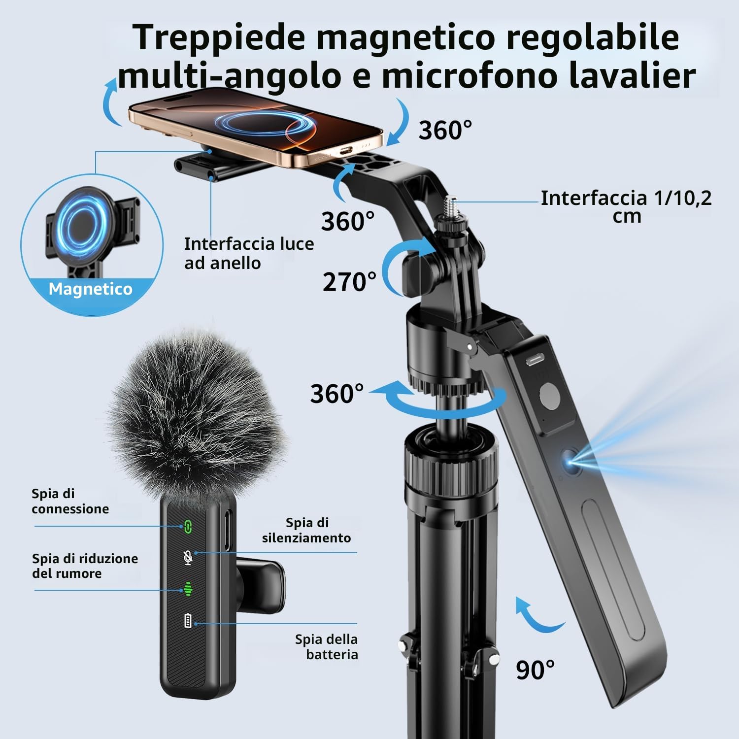 yAyusi Kit Vlogging per iPhone/Android, Automatico Volto Rilevamento Treppiede 180cm con Luce, Microfono e Telecomando, Set Completo per Creator TikTok e YouTube