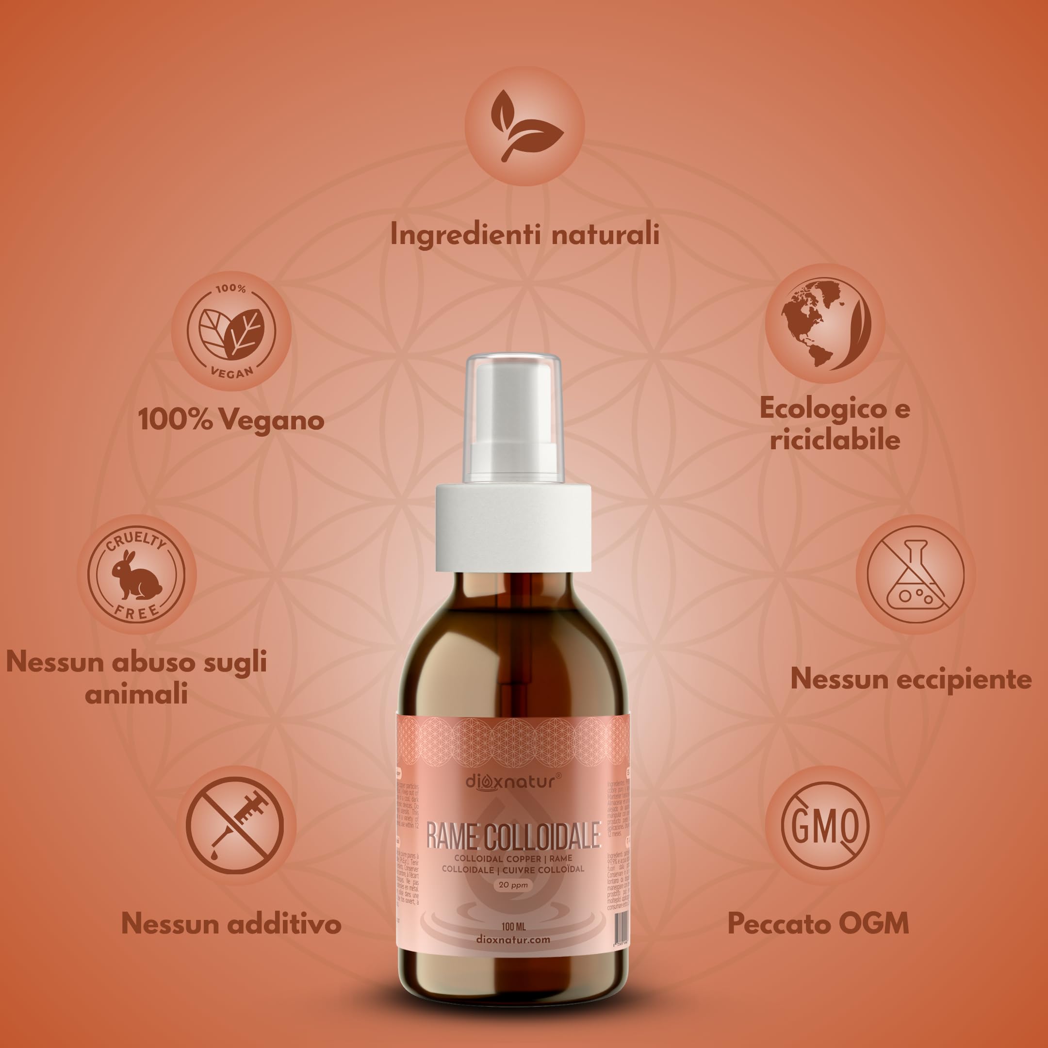 Rame Colloidale 100 ml - 20 ppm - 99,99% Purezza - Soluzione Liquida con Acqua Bidistillata - Flacone Vetro Ambra con Spray