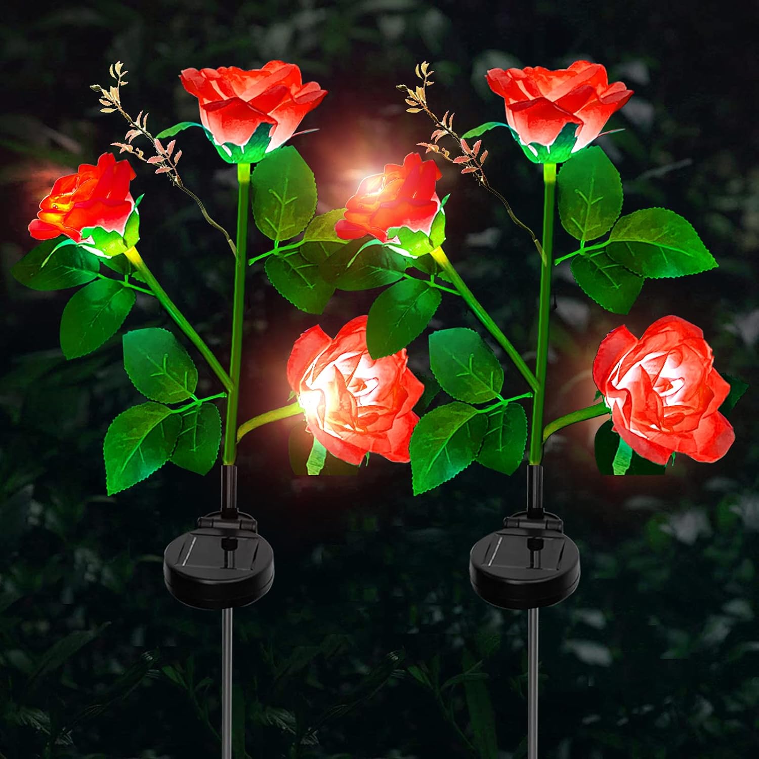 Ovker 2 Packs Solar Flower Lights Outdoor Garden, Solar Garden Lights with 6 Bigger Rose Flowers