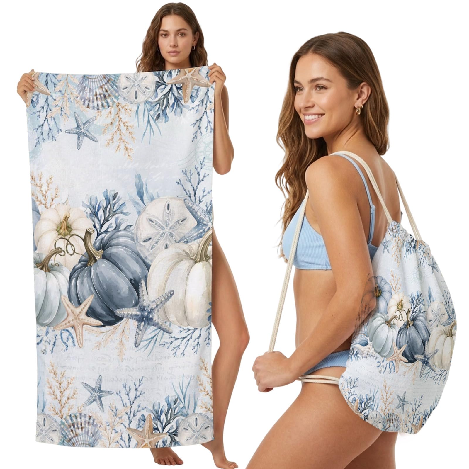 FWJZDSP 2-in-1 Beach Towel Backpack,Autumn Thanksgiving Pumpkins Bath Towel with Built-in Storage Coastal Starfish Shell Convertible Foldable Beach Blanket for Travel Pool Gym Camping Swim,31x63in
