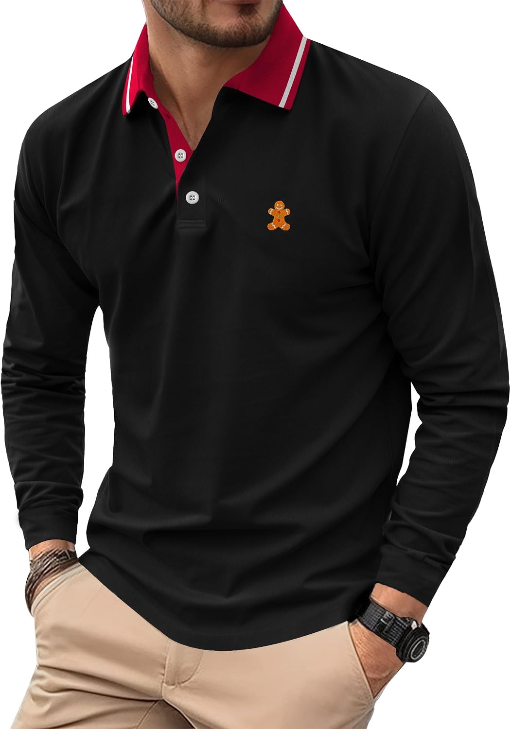 Arvilhill Men's Christmas Polo Shirt Embroidered Pique Long Sleeve Business Casual Wear (M-XXL)