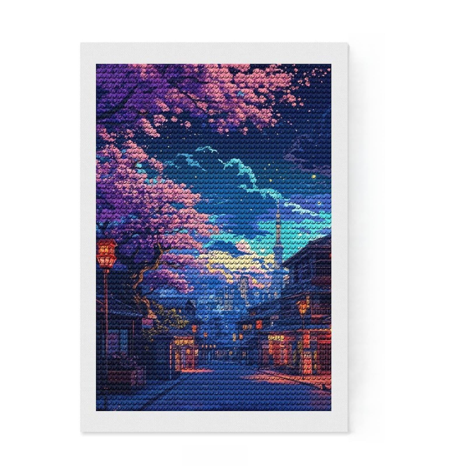 Junmoney Sakura Japan Landscape Diamond Painting Set 8"x12", for Adults, Home Wall Decor, Easy to Enjoy, Christmas Gift, Nice Detail and Sparkle