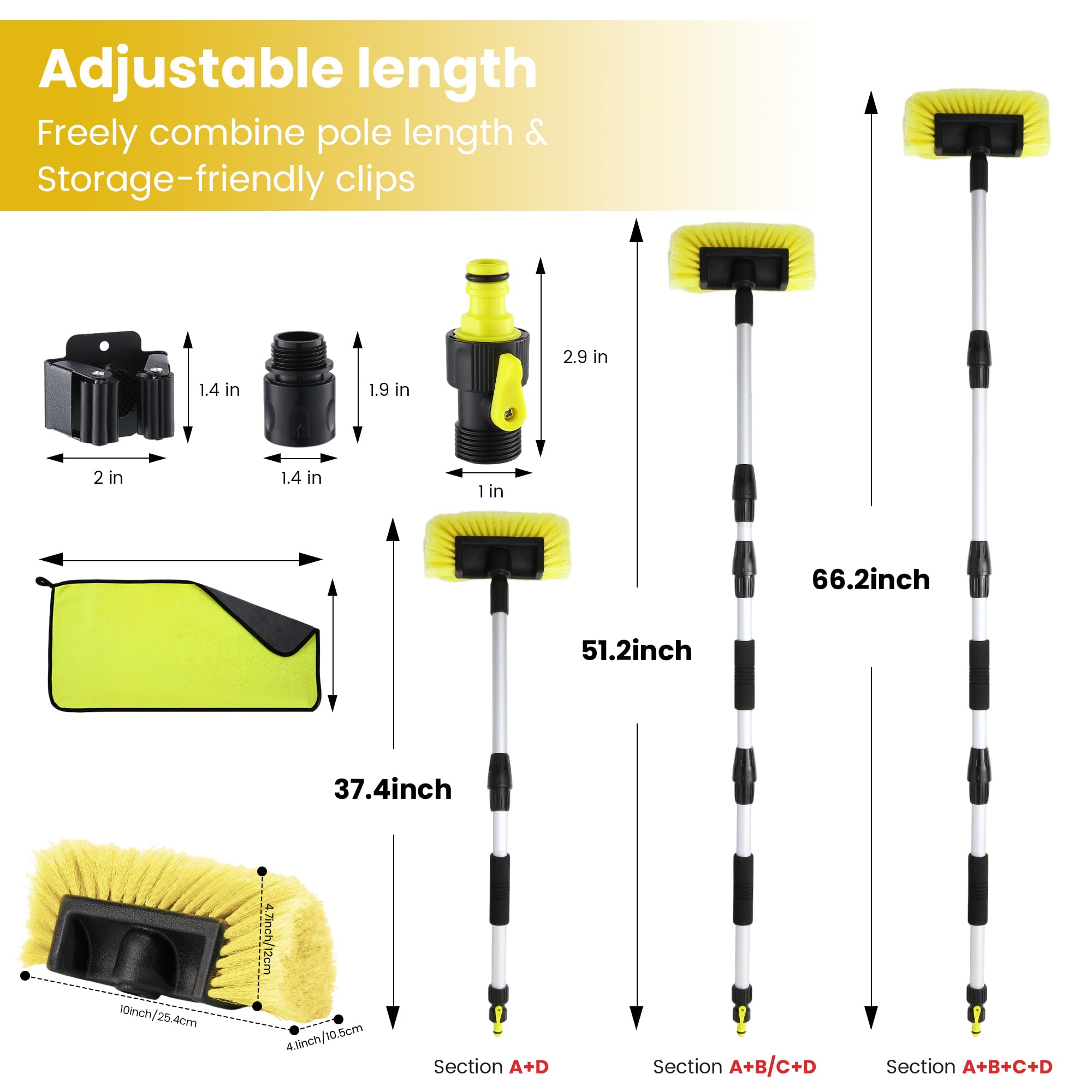 Spazzola per lavaggio auto, 167 cm, con manico lungo, spazzola per lavaggio camion con setole morbide con attacco per tubo e clip di stoccaggio per SUV, camper, barca, camion, rivestimenti di