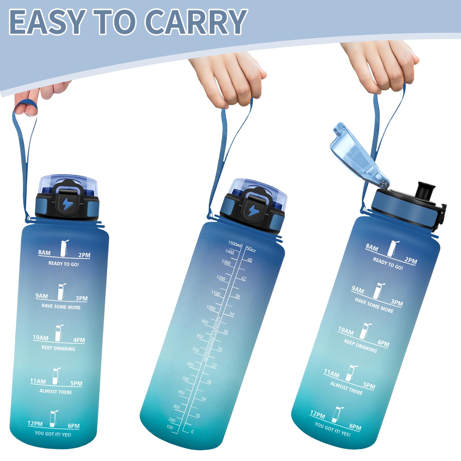 Motswedi Borraccia 1,5 litri, a Prova di Perdite, Borraccia Motivazionale, Riutilizzabile, Bottiglia Acqua, Senza BPA, Borracce, per Palestra, Ufficio, Sport, Ciclismo, Running, Blu Verde